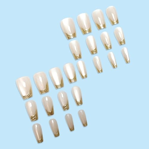 Medium Press on Nails Gold French Tip Fake Nails Cat Eye Medium Style-Z5Z11