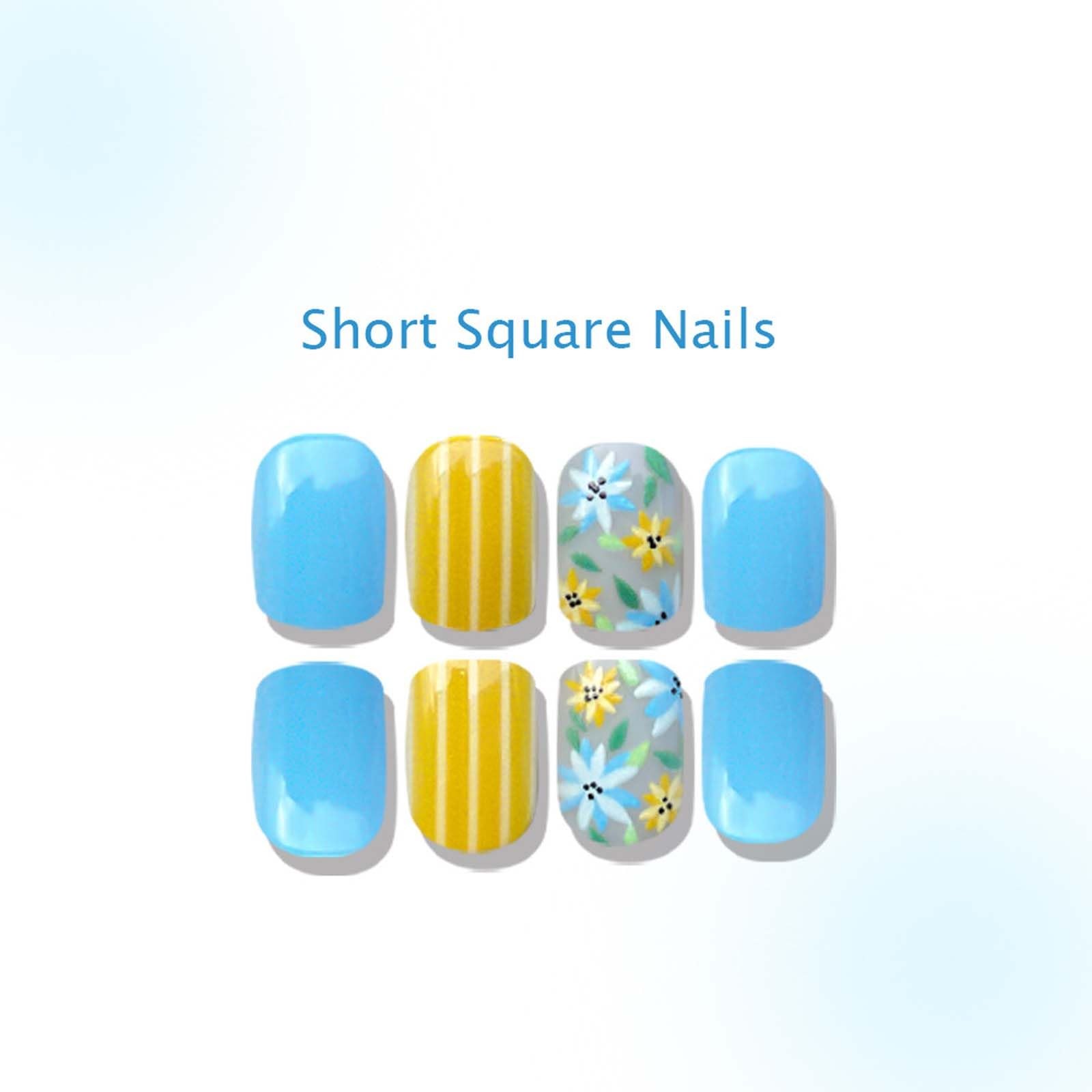 24Pcs Short Press on Nails Spring Blue Yellow Flower Fake Nails with Stripe S…