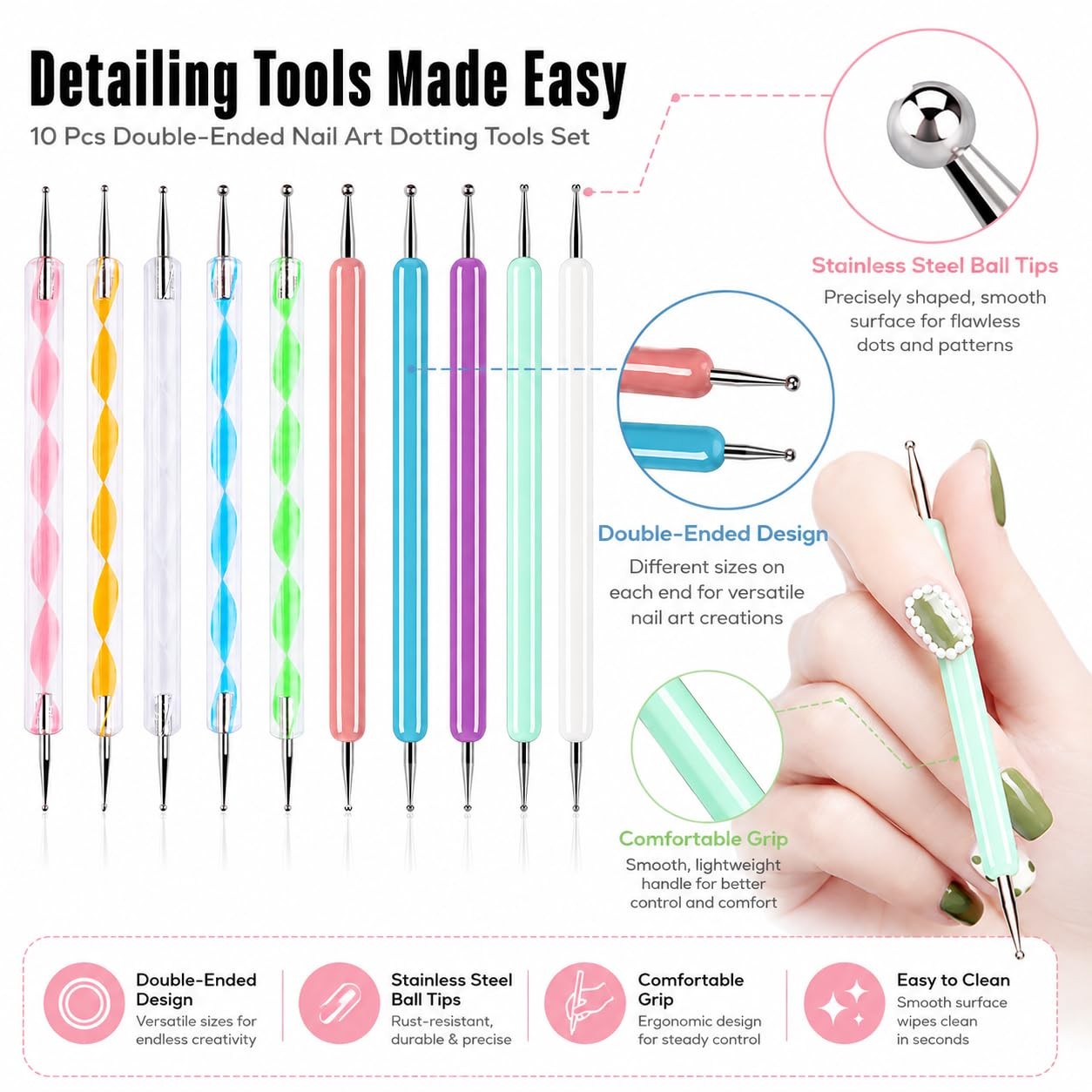 10Pcs Art Dotting Tools for Nail Art, Ball Tip Clay Tools Sculpting Pattern T…