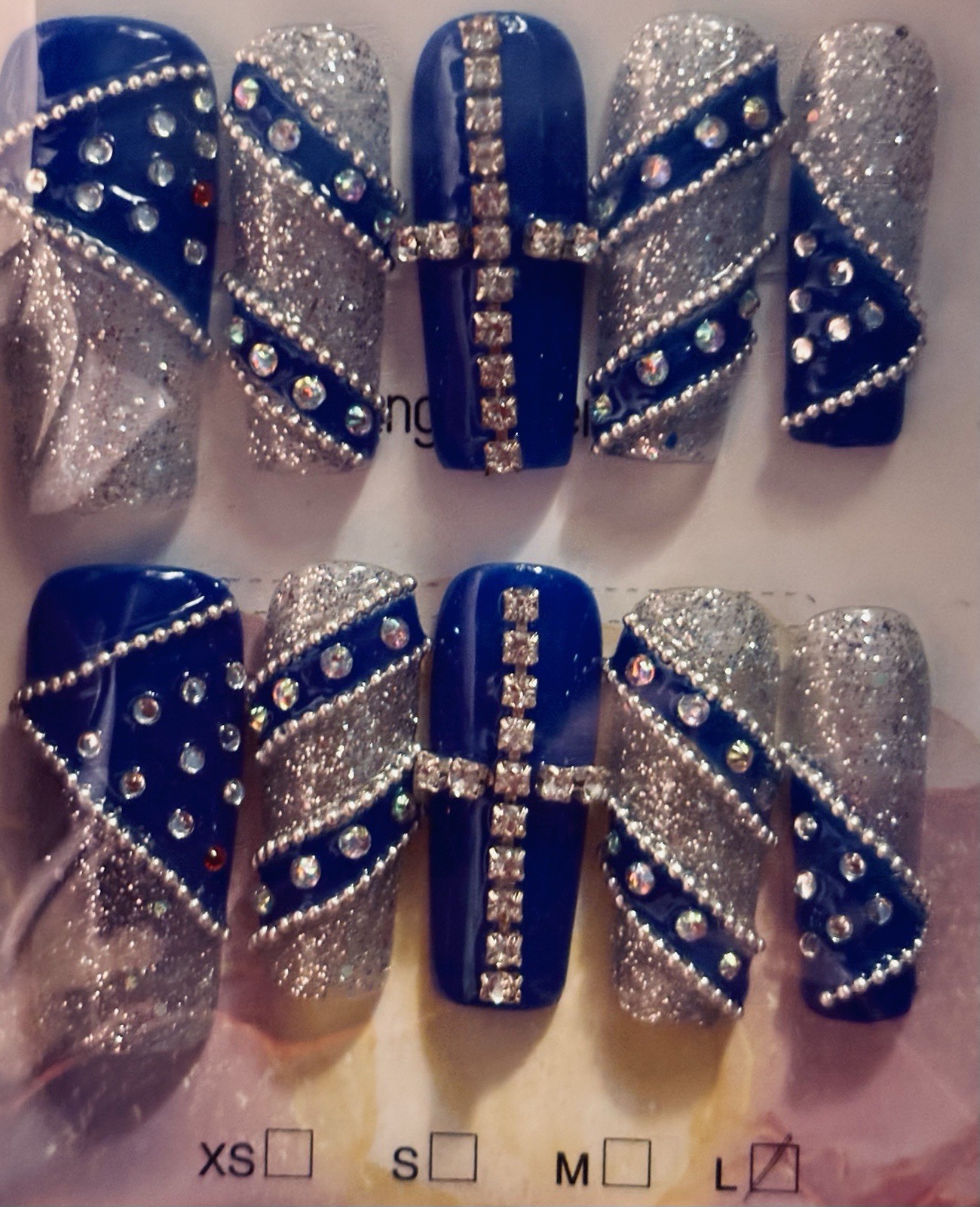 Blue/Silver Glitter Rhinestone Press-On Nails Long Coffin medium size
