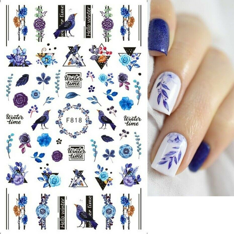 3D Nail Art Sticker Decal Robin Bird Winter Blue Flower Leaves F818 NH21
