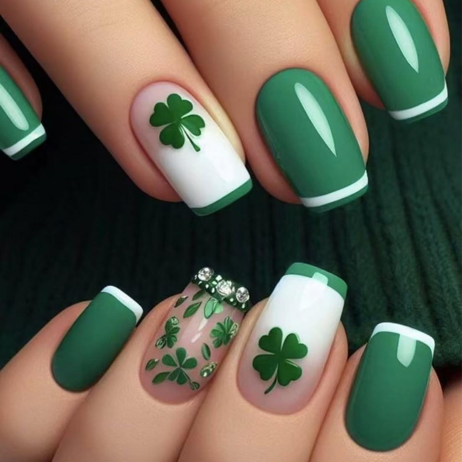 24 Pcs St. Patrick’s Day Press on Nails Green White French Tip Fake Nails Short