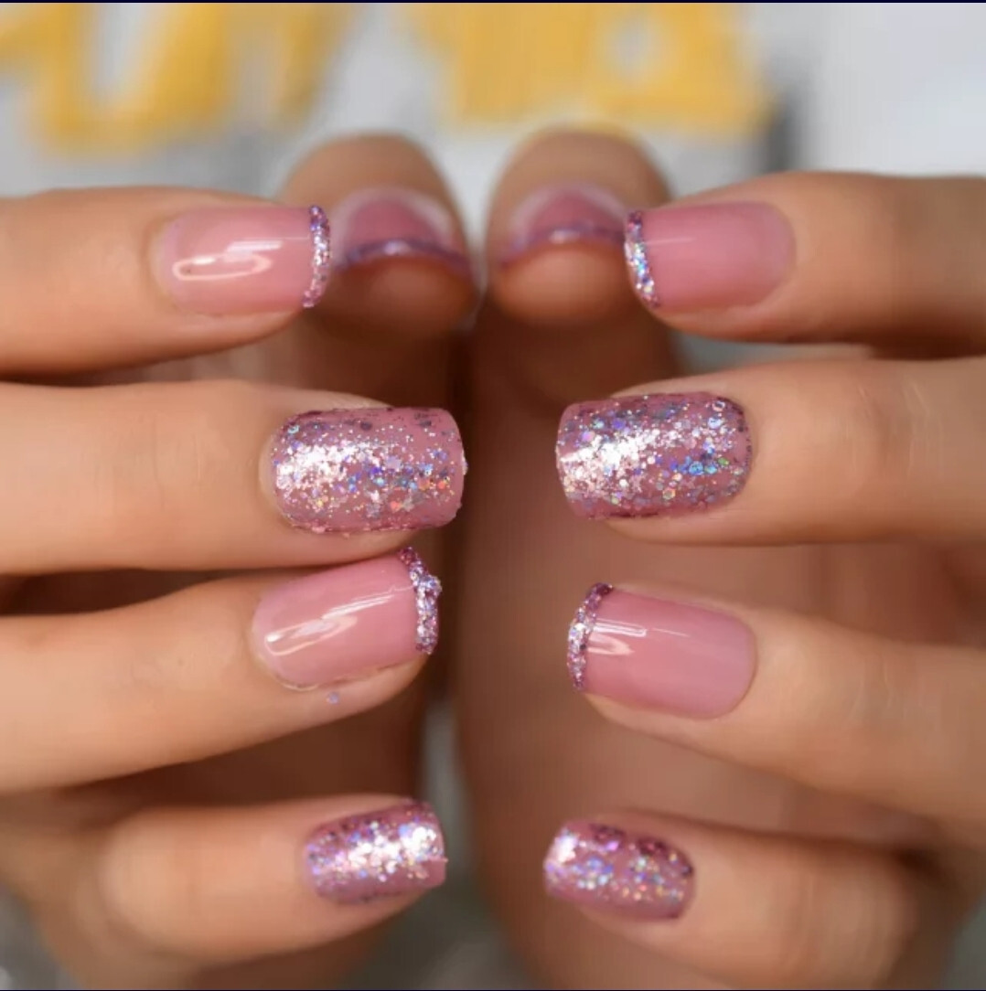 24 Short Press on nails kit w glue pink purple glitter