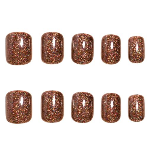 Brown Glitter Press on Nails Short Square Fake Nails Glitter Press ons Style7