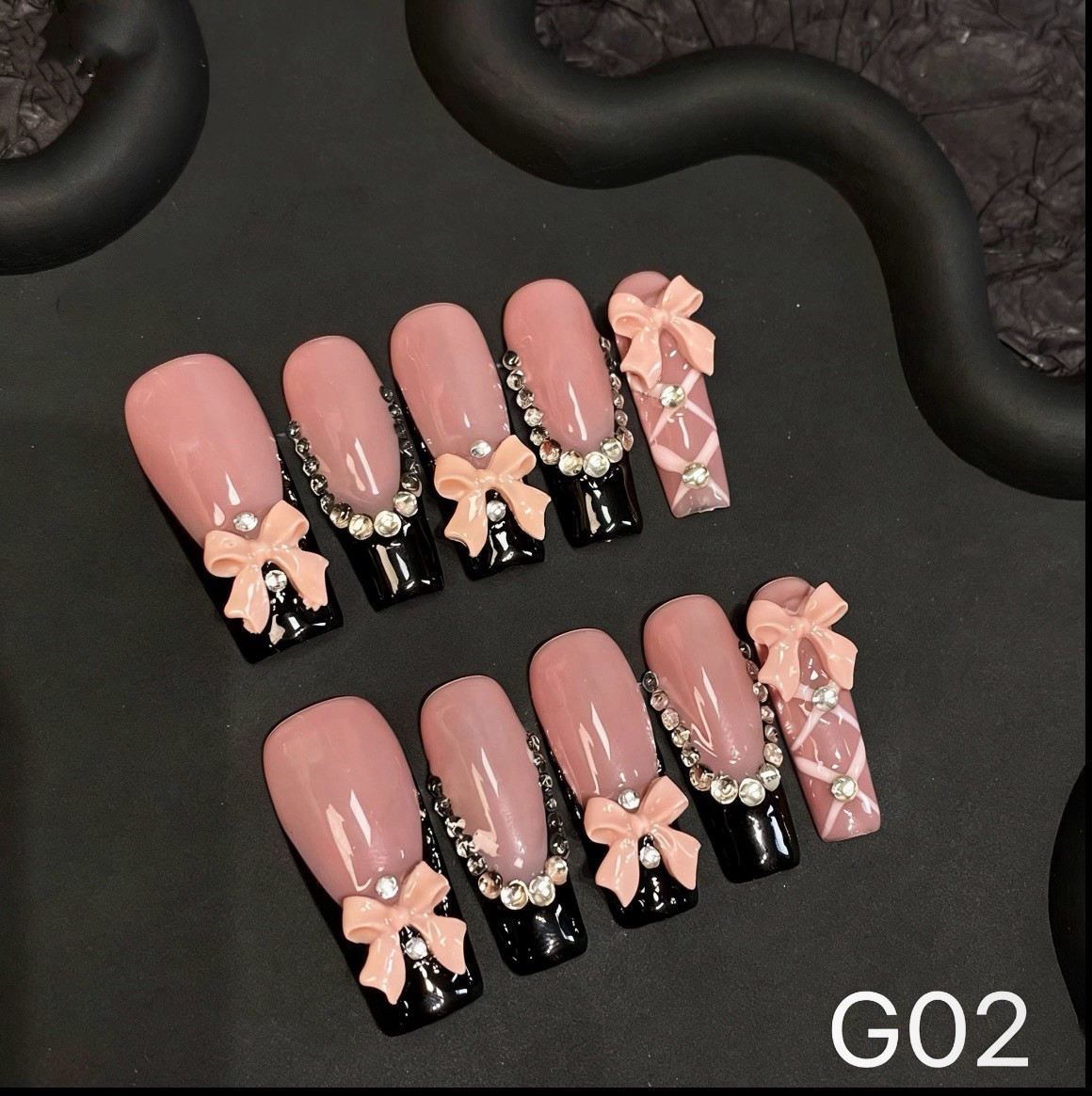 G02 Blush Bow Glam Pink Black French Press On Nails, 3D Bow Rhinestone， Handmade