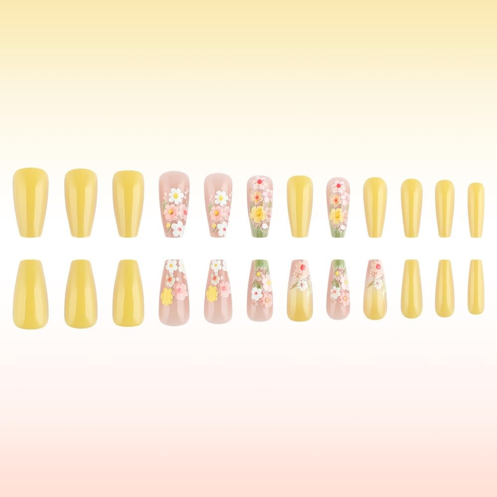 24 Pcs Flowers Press On Nails Medium Coffin Square,Spring Summer Fake Nails P…