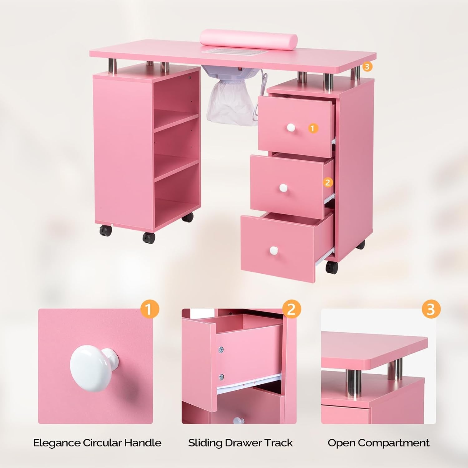 Manicure Table Nail Desk Beauty Salon Dust Collector+Wrist Pad+Storage Drawers