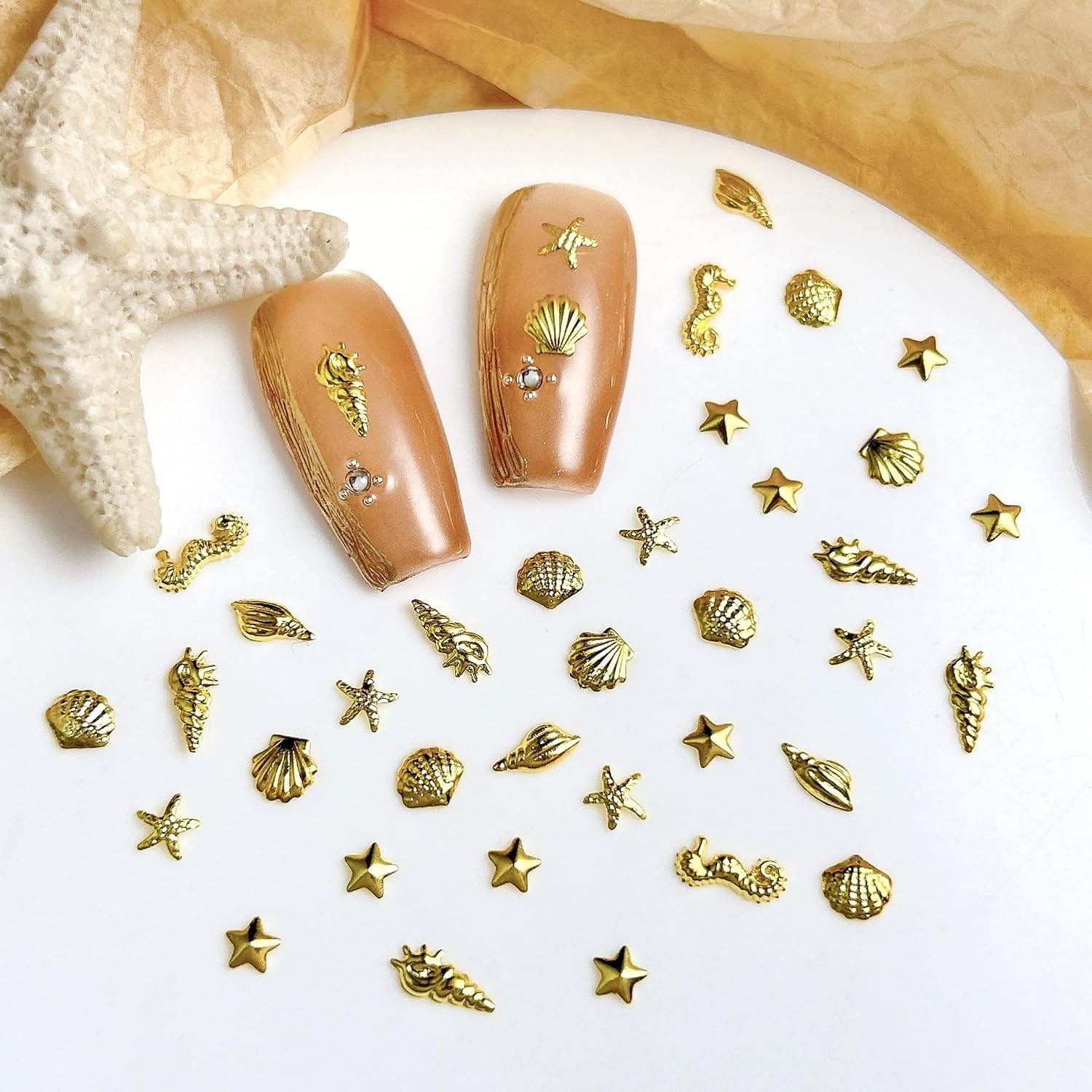 600Pcs Gold Starfish Nail Charms 3D Alloy Summer Ocean Nail Rhinestones Starfish