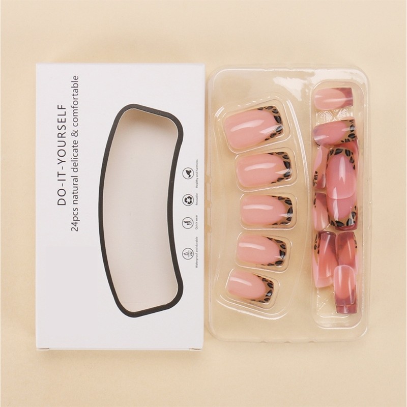 24 Pieces Short Square Press on Nail French Tip Nail Leopard Print False Nail