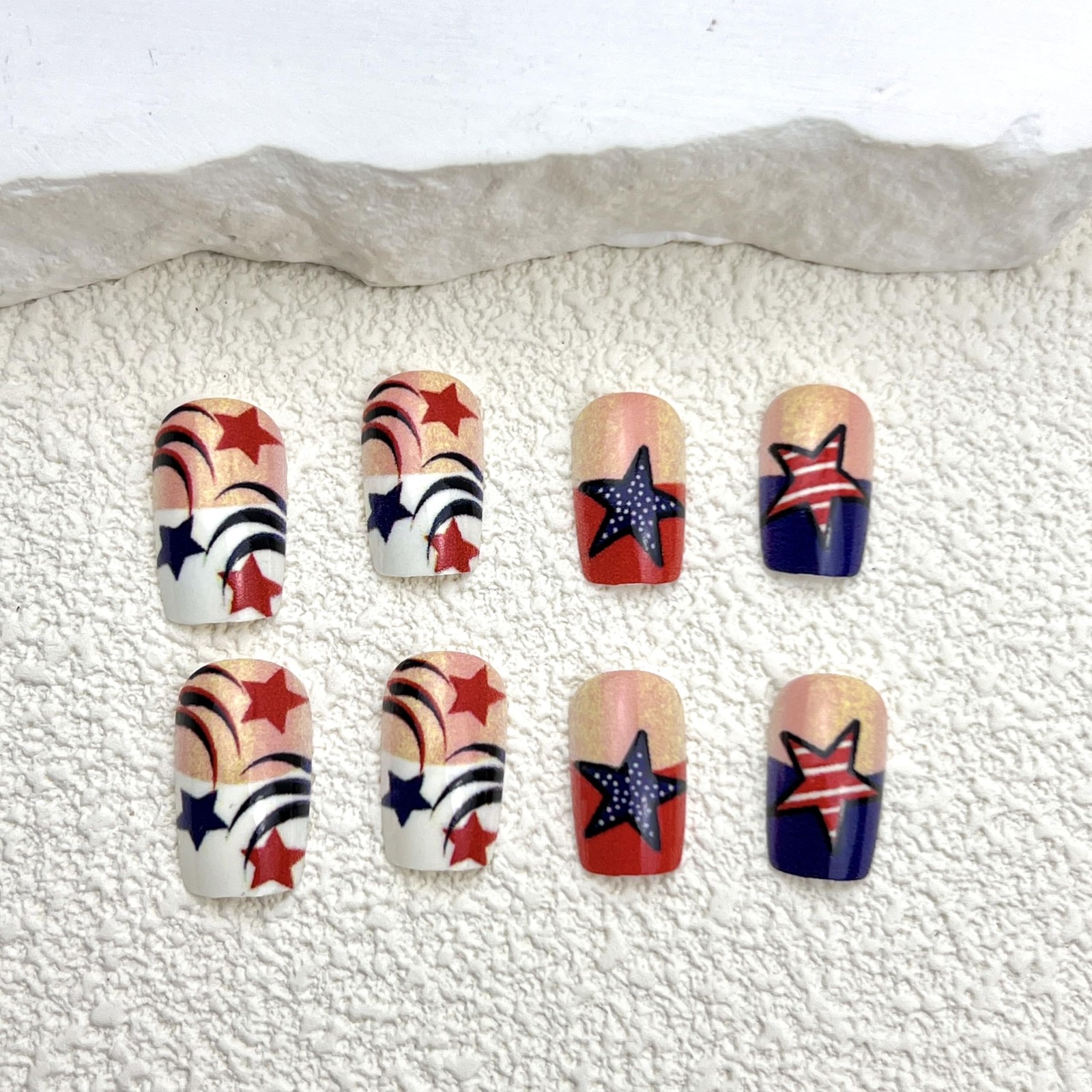 24Pcs 4th of July French Tips Press on Nails Short Square Flag Star Designs F…