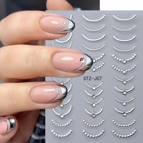 French Line Nail Art Stickers Decals 5D Embossed French Tip silver french line