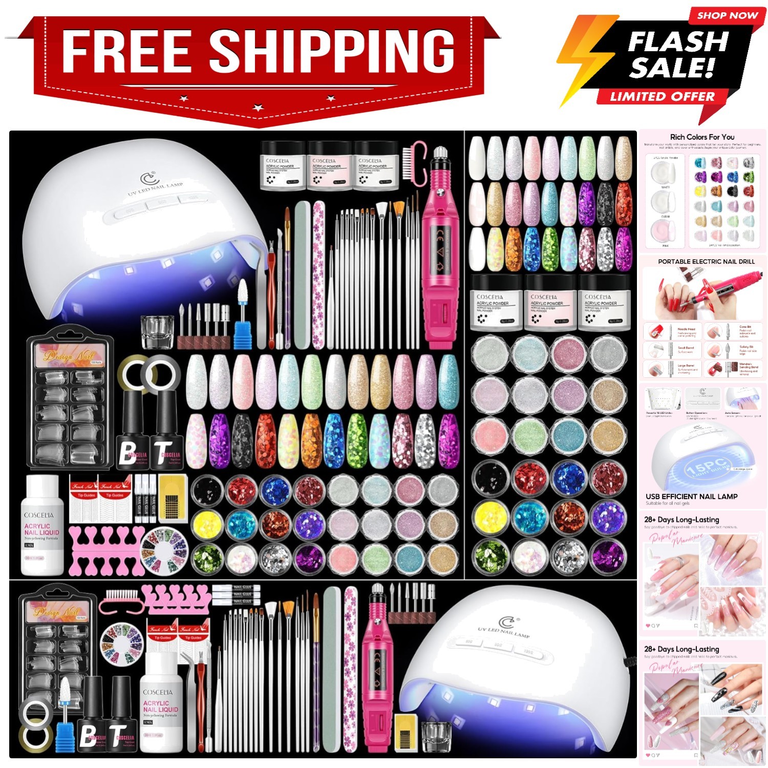 58PCS Acrylic Nail Kit for Beginners with Everything, 3 Colors Professional A…