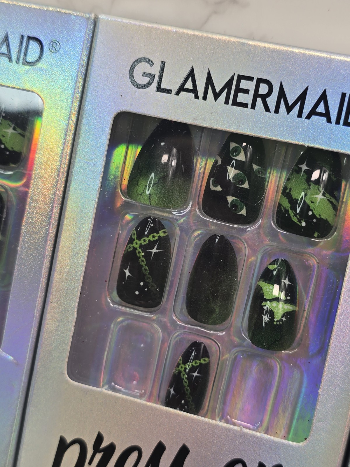 3 Pack Lot Glamermaid Press On Nails Adhesive Tabs Green Black Witch Grunge Eye