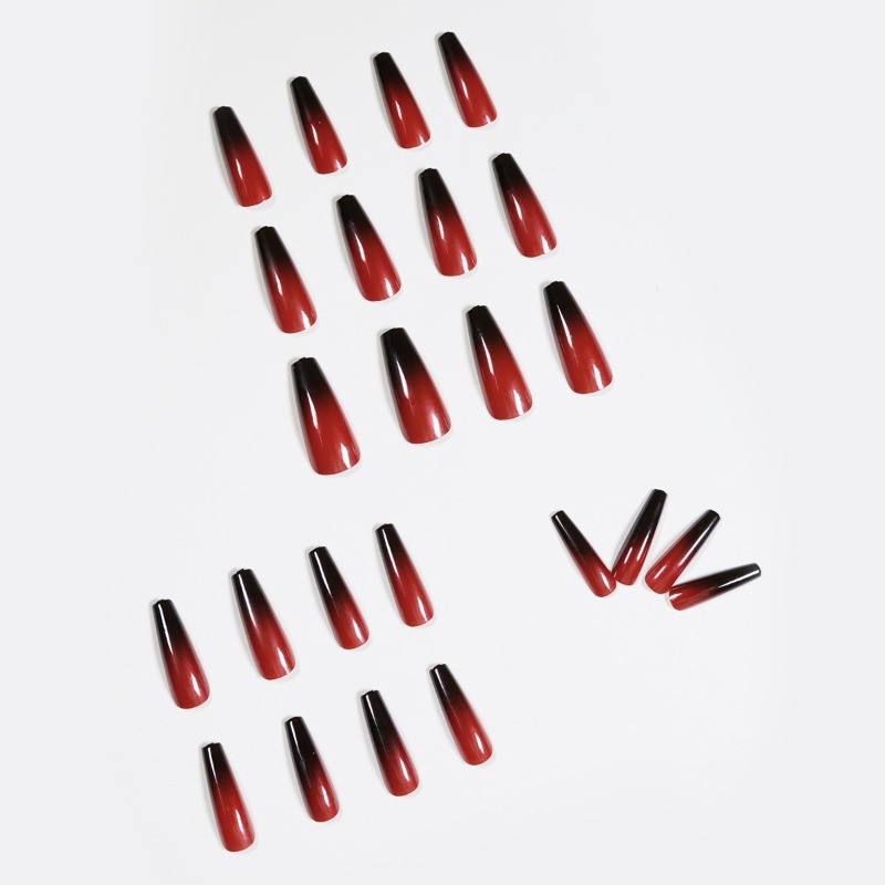 48Pcs-Glossy Red Black Gradient Press on Nails Glossy Long Coffin Nail Art Set