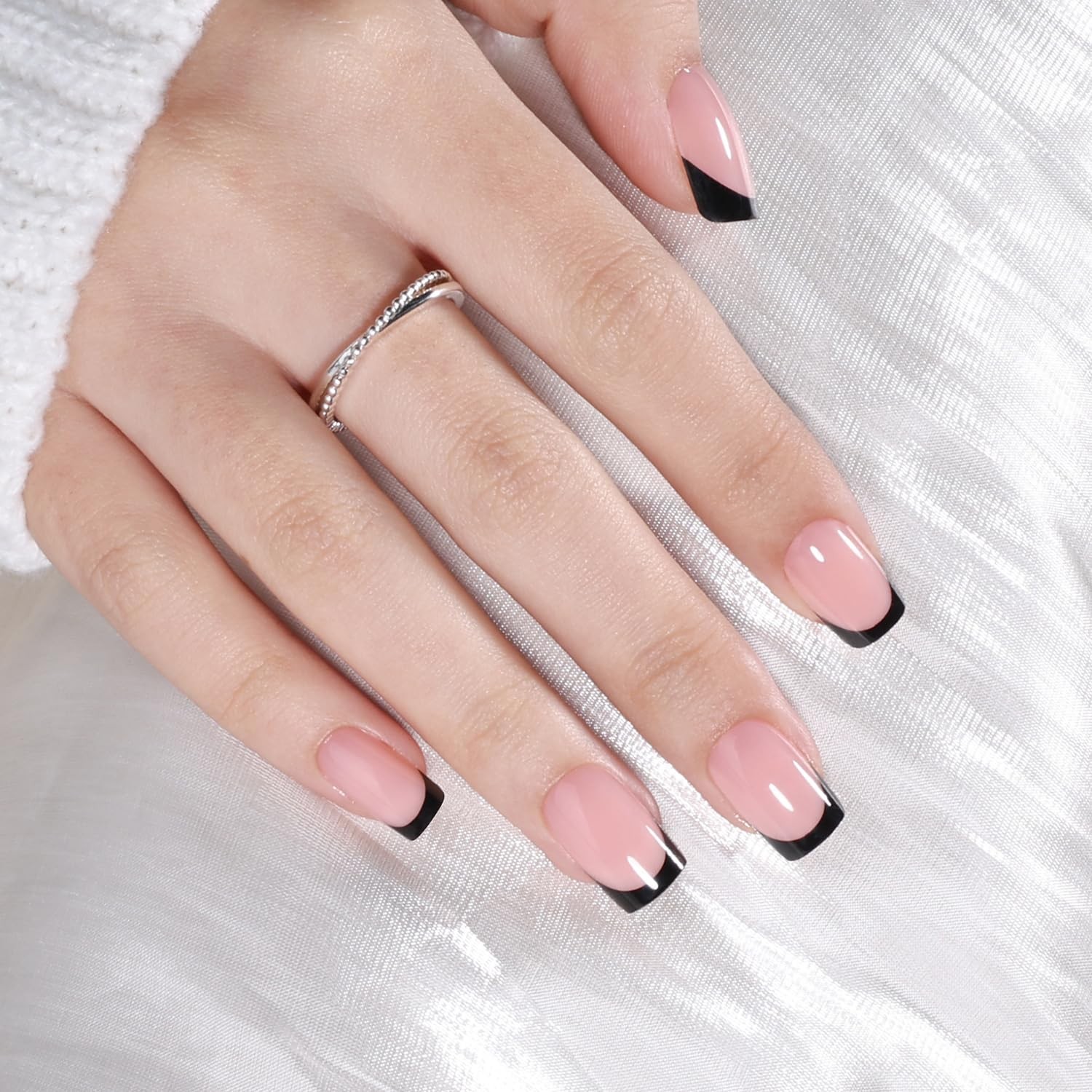 Black French Tip Press On Nails Square- Black Short Fake Nails, Square Press …