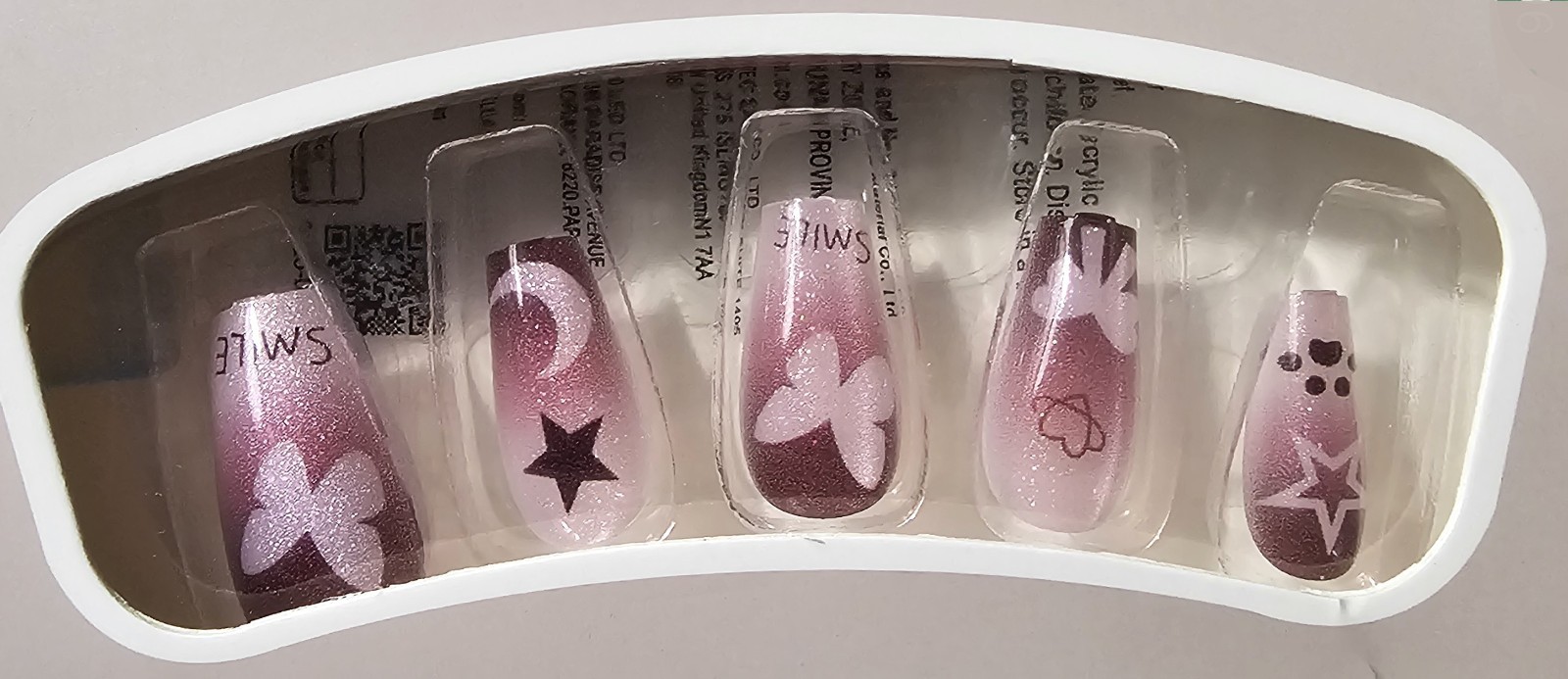 Press-On Nails Summer Light Pink Dark Pink Stars & Butterflies Medium *30 pcs*