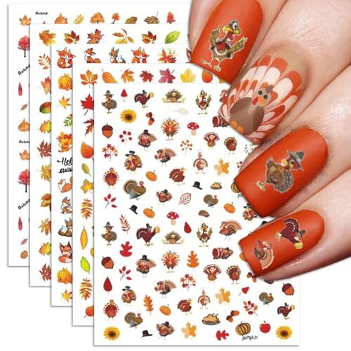 Fall Nail Art Stickers, Thanksgiving Day Turkey Nail Decals, 3D Self-Adhesive