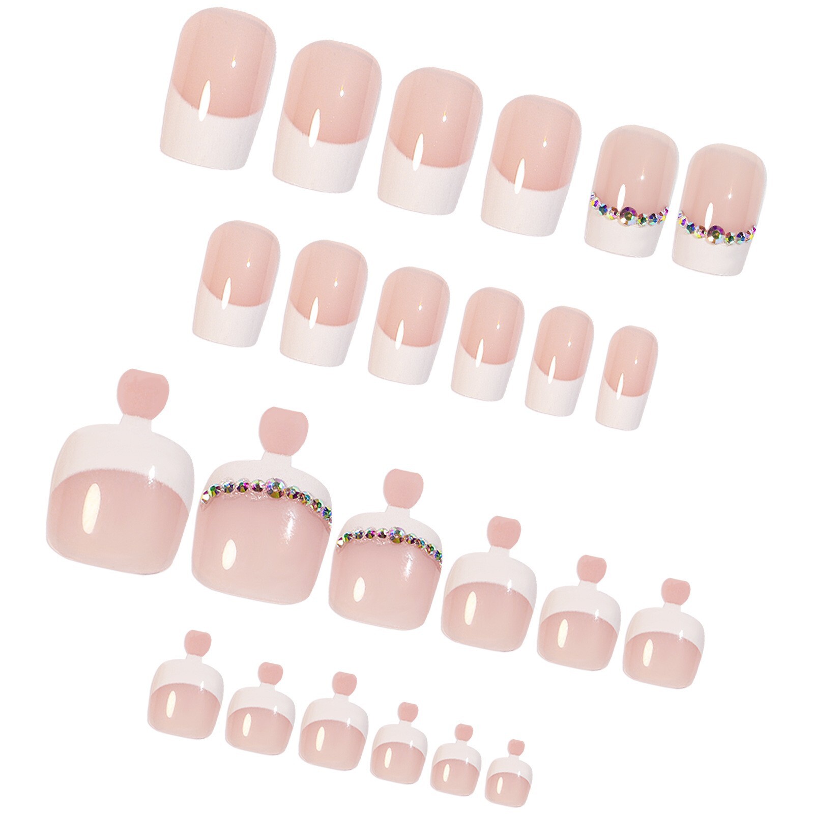24 Pcs French White AB Rhinestone False Nail Short Press on Nails for Finger Kit