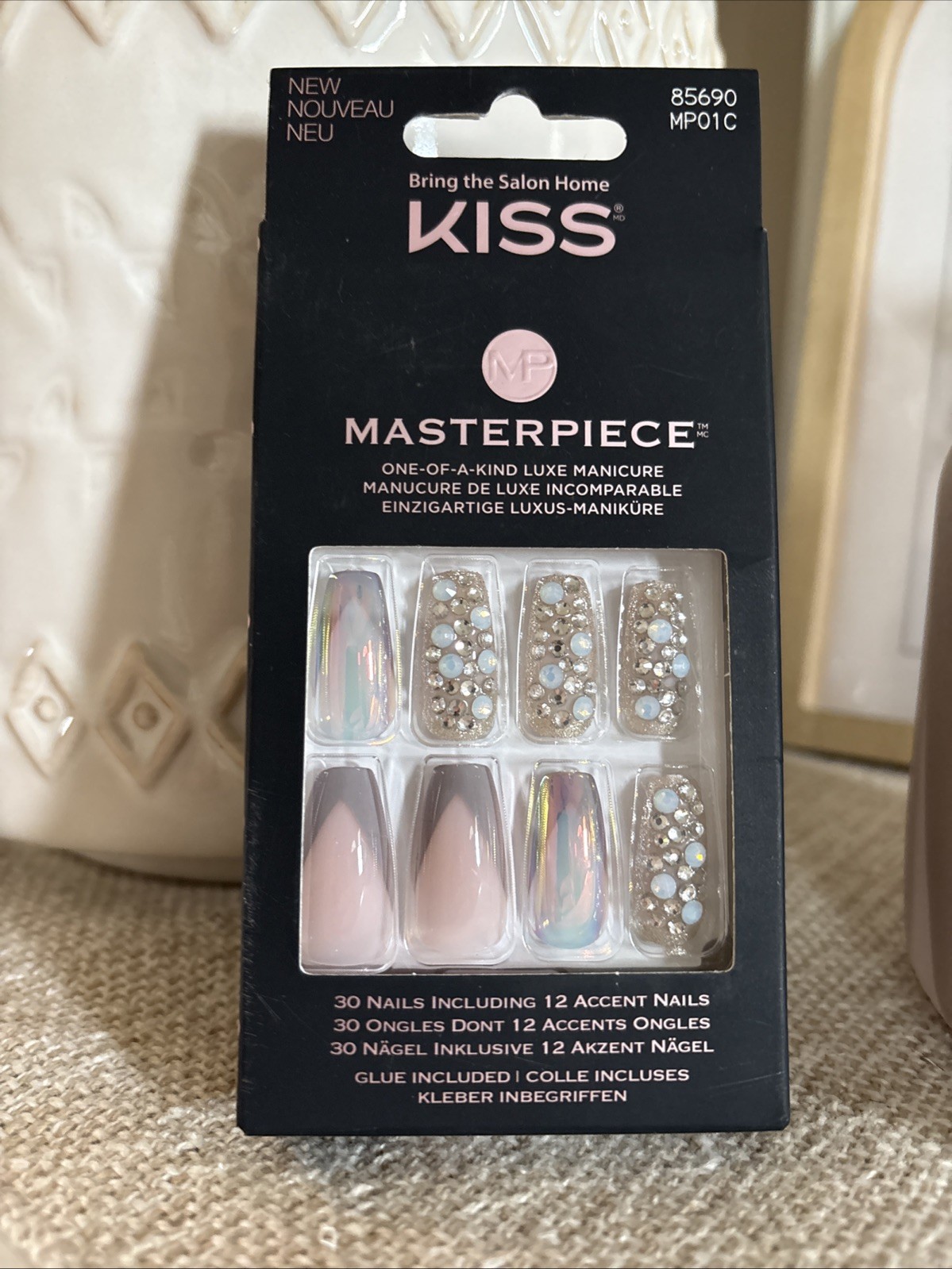 Kiss Fake Nails Masterpiece Luxe Manicure Bling Crystals Mauve Gold Glitter NIB