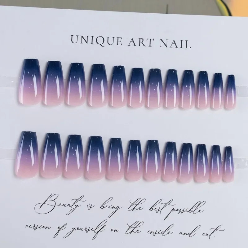 24 Pcs Long Coffin Square Press On Nails Purple Blue Gradient Fake Nails Full