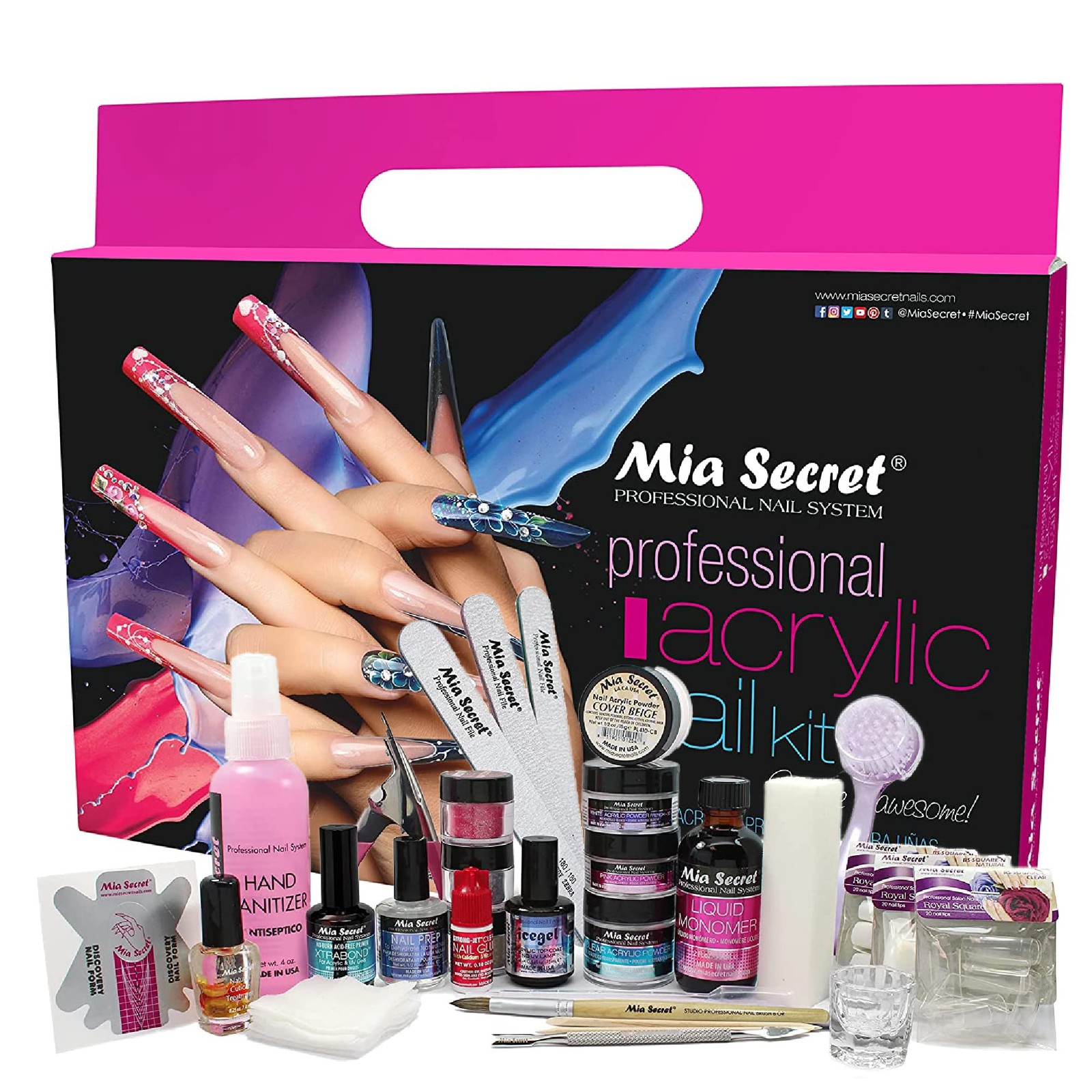 27 Piece Mia Secret Acrylic Nail Set With Monomer Pink White Clear Powders