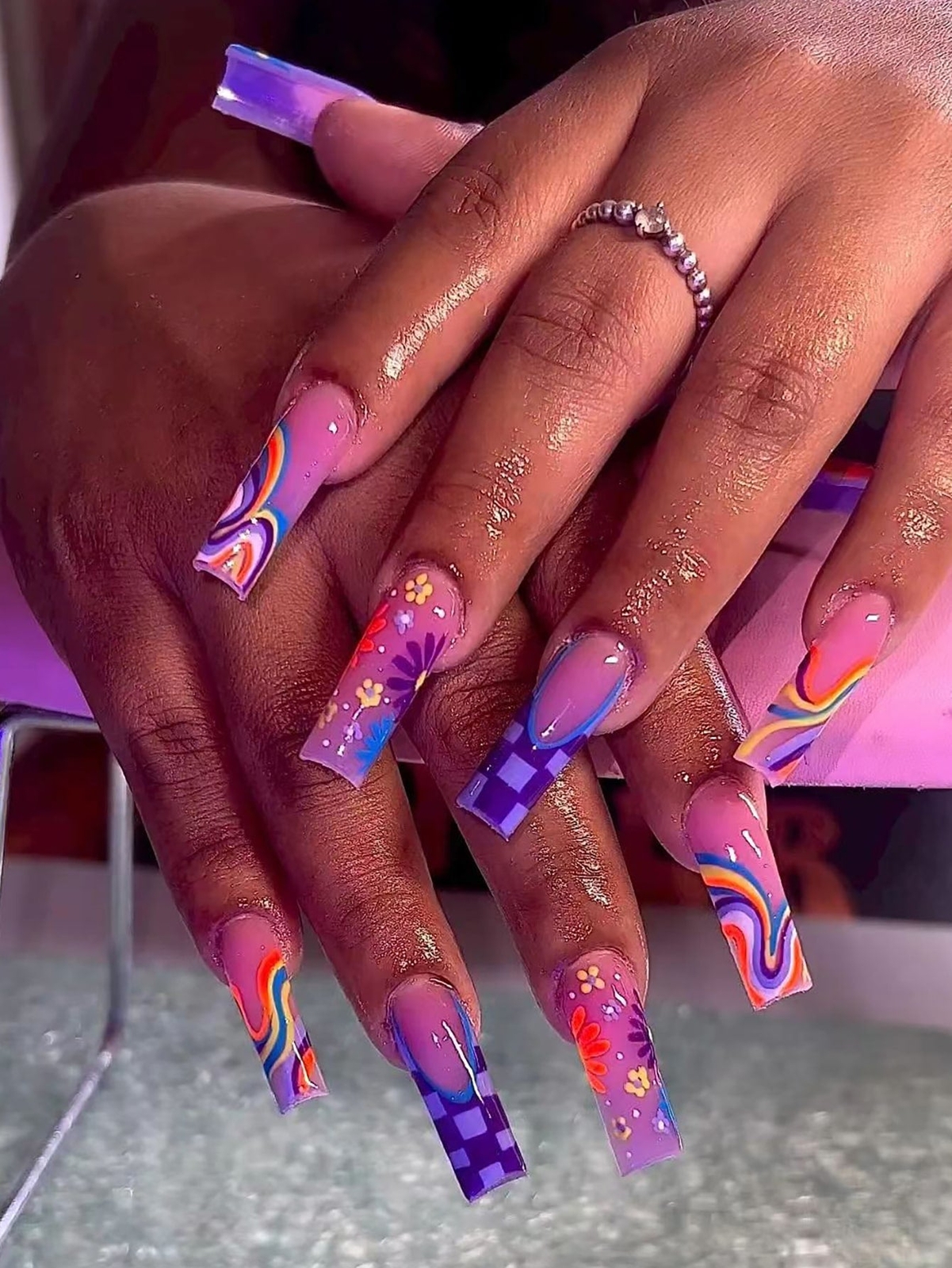 24pcs/set Long Coffin French Purple Floral Fake Nails False Nails Press On Nails