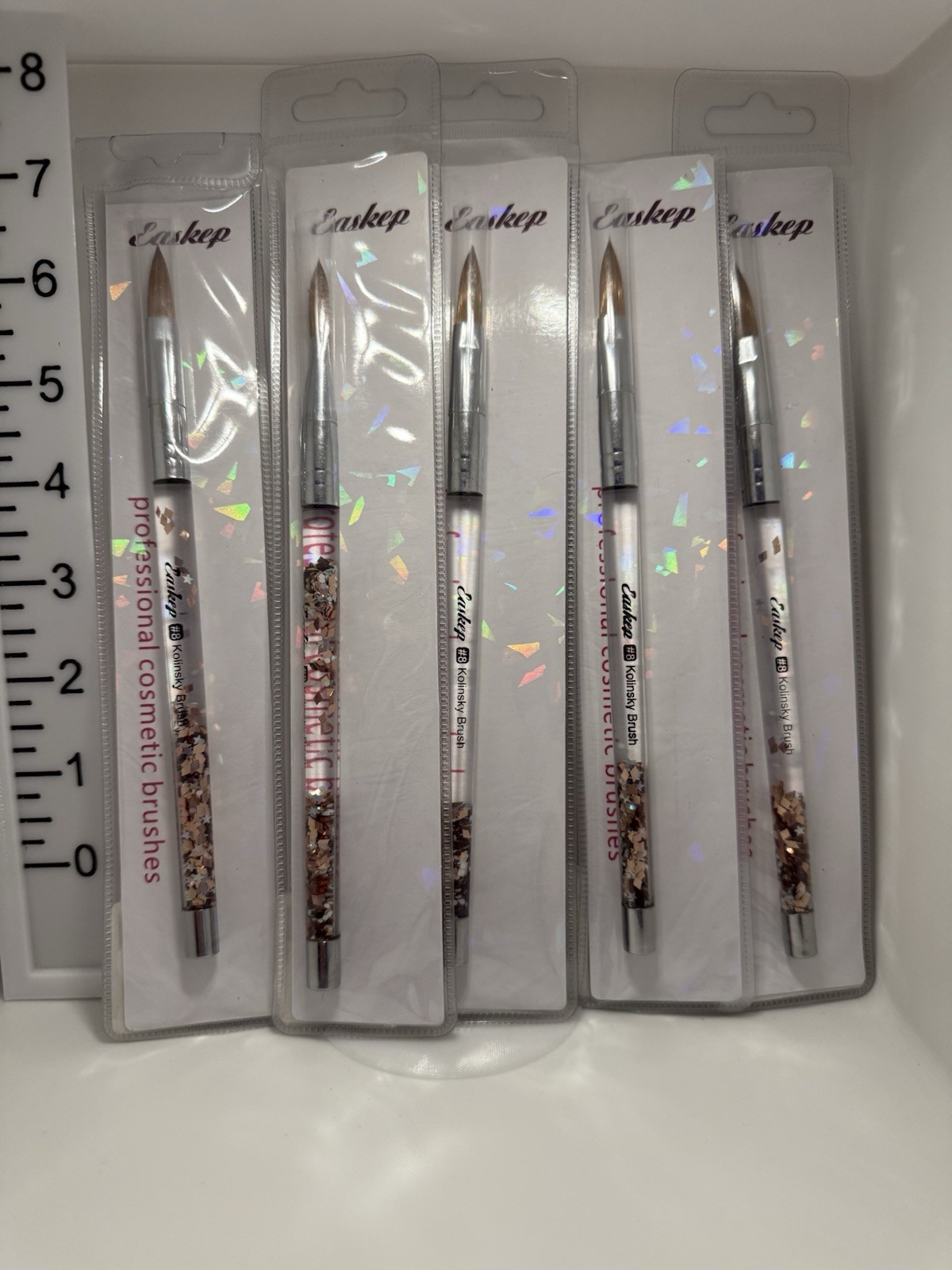 5‑Pack Easkep #8 Kolinsky Acrylic Nail Brushes – Liquid Glitter Handle – Sealed