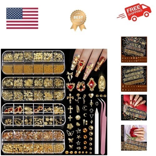 Gold Nail Charms and Gems Set, 4 Boxes Nail Gems Nail Pearls Nail Art Tools, …