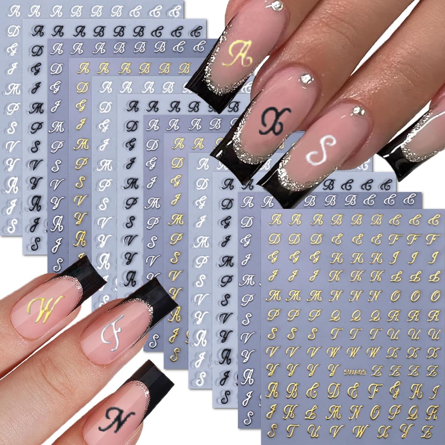12 Sheet Letters Nail Stickers English Alphabet Decals 3D Colorful-2