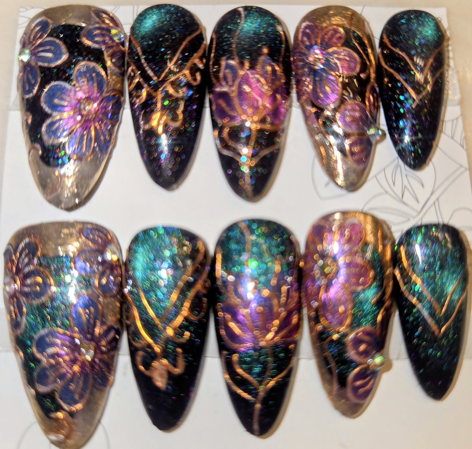 Jia Almond Press-On Nails Black/Purple/Teal/Gold Glitter Floral Full Cover-M