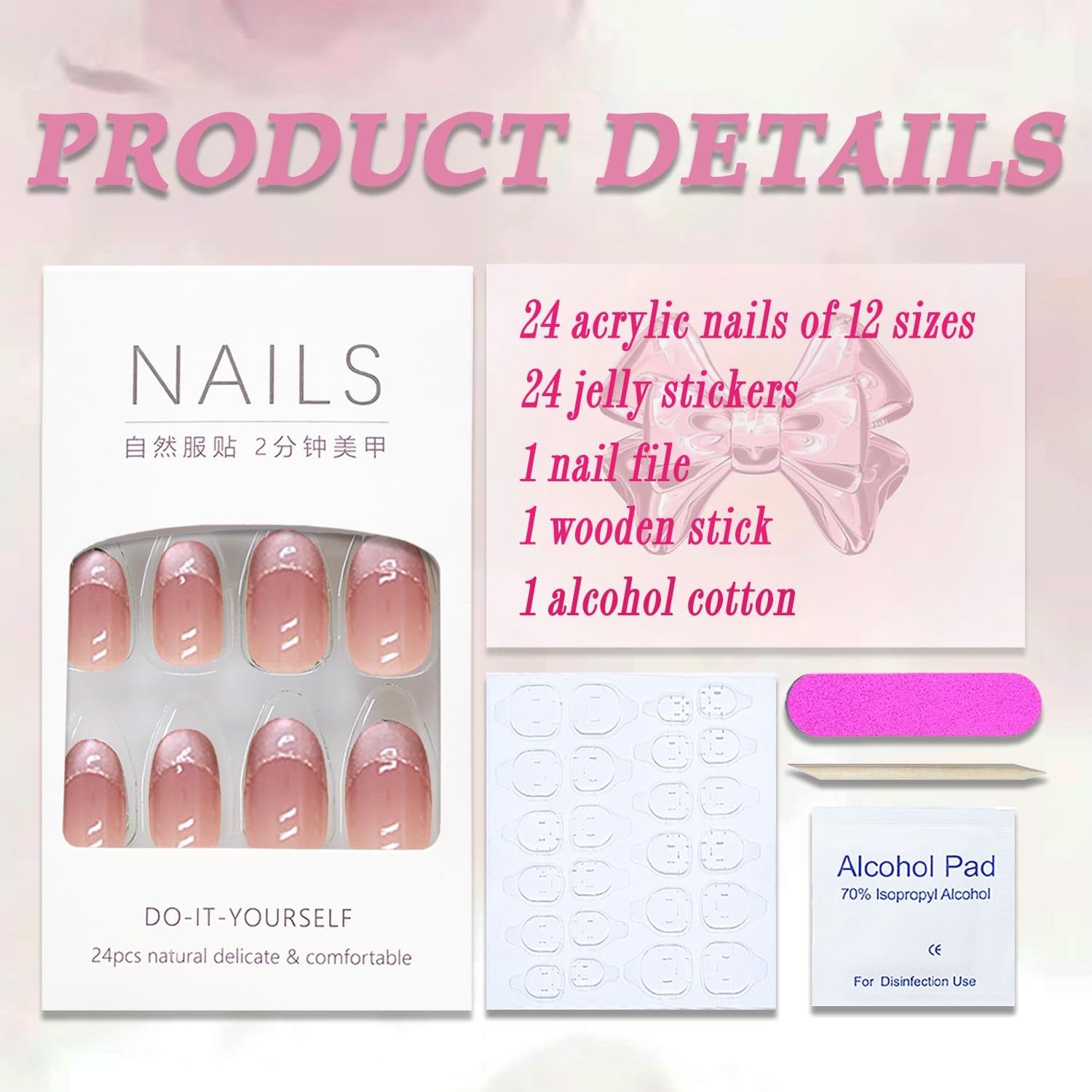 Press on Nails Short Almond Petite French Fake Nails Pink Full Cover Sliver N…