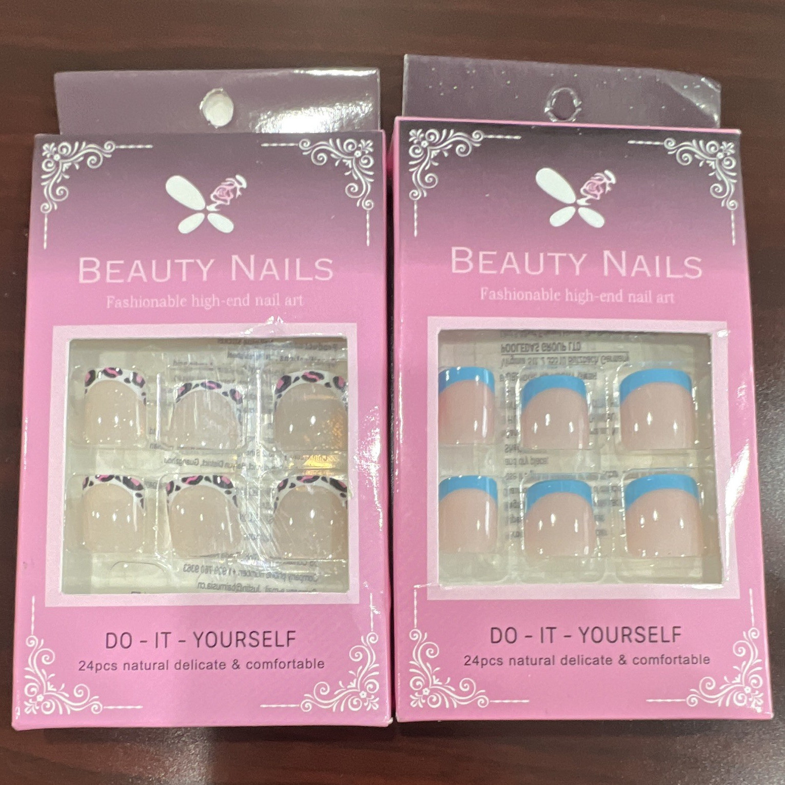 Beauty ToeNails Press-On Nails 24pcs 2 Packs Beige Blue Pink French Pre-Designed