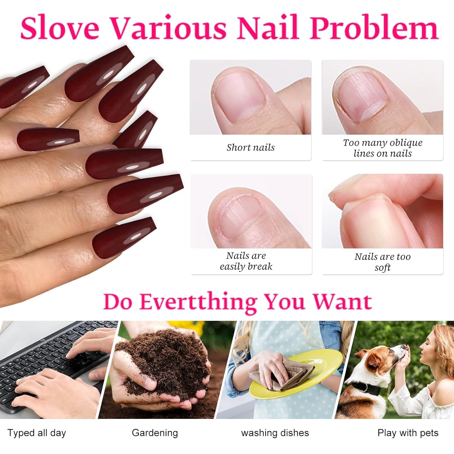120PC Burgundy Coffin Press on Nails Long Fake 12 sizes, Wine Red