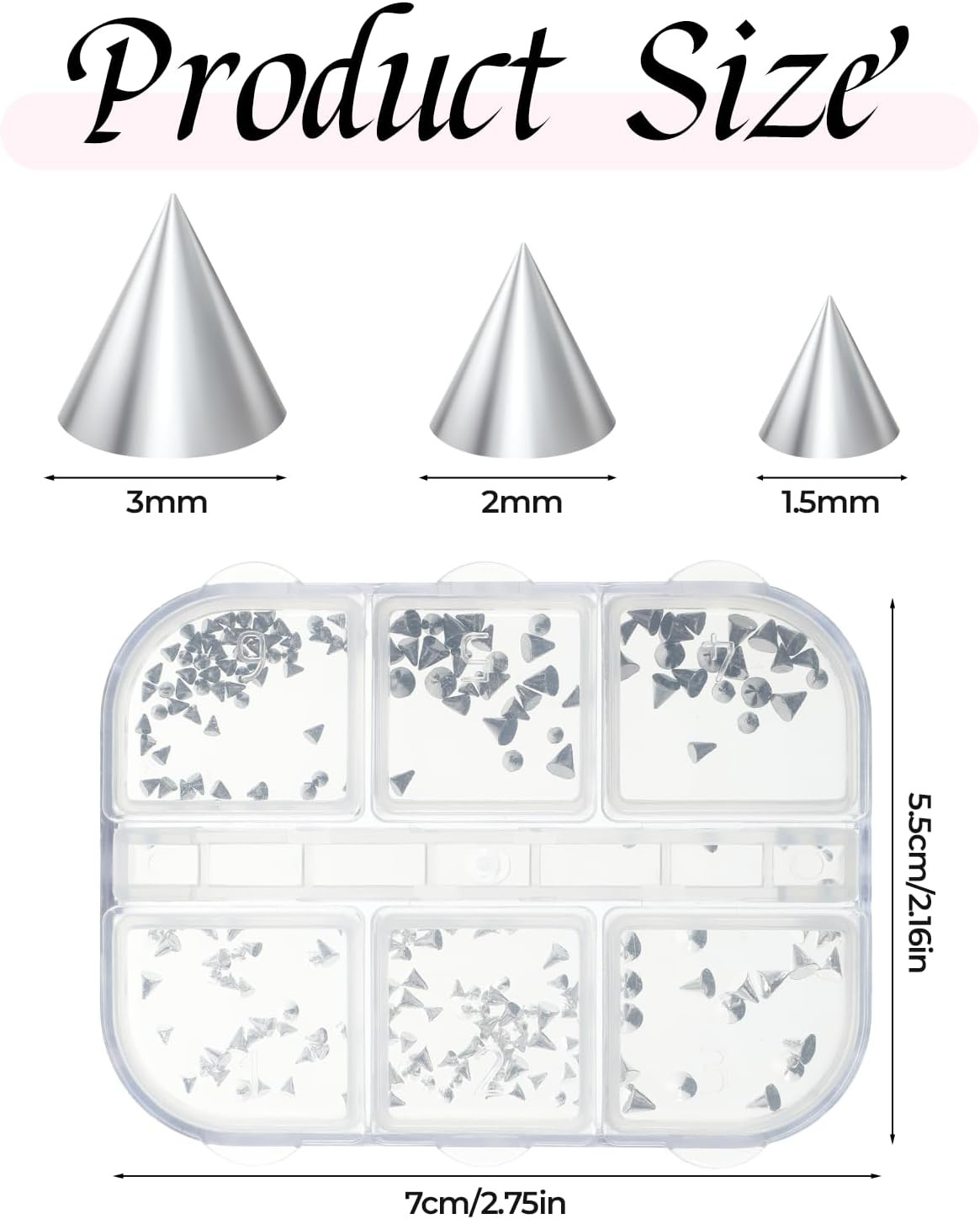3D Mini Metal Punk Nail Art Studs 6 Grids Mixed Sizes Punk Rivet Nails Charm for