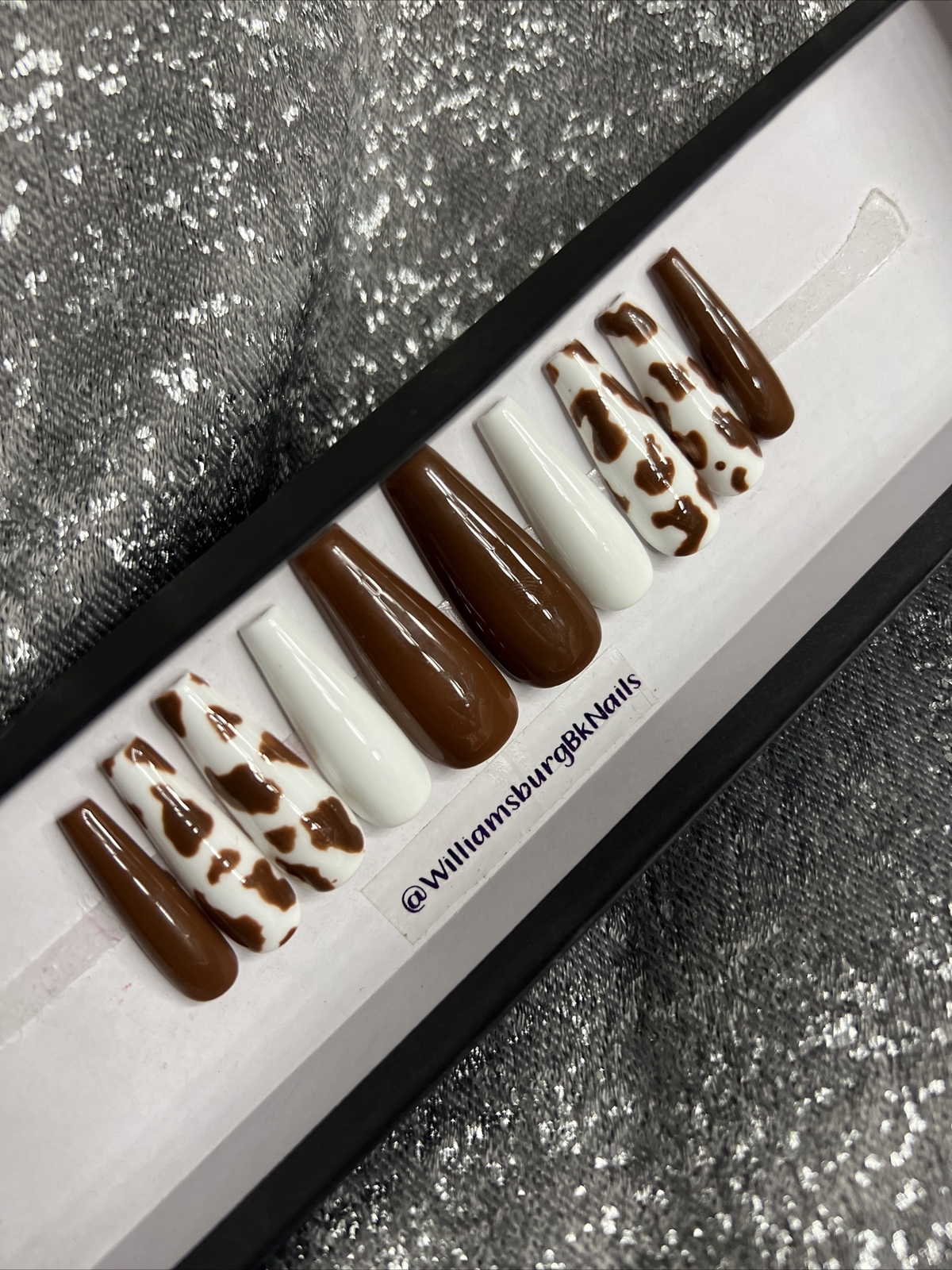 🐮 CUSTOM Gel Press On False Nails, Cow Print , 10p Set W FULL KIT NEW