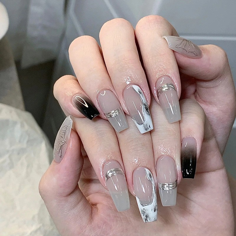 48Pcs Ink Wash Silver Line Coffin Press on Nails,Minimal Elegant Nude Fake Nails