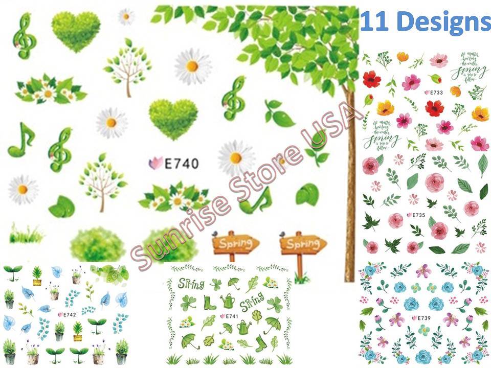 11 Designs 3D Nail Art Sticker Spring Flower Leaves Decals Manicure Peel & Stick