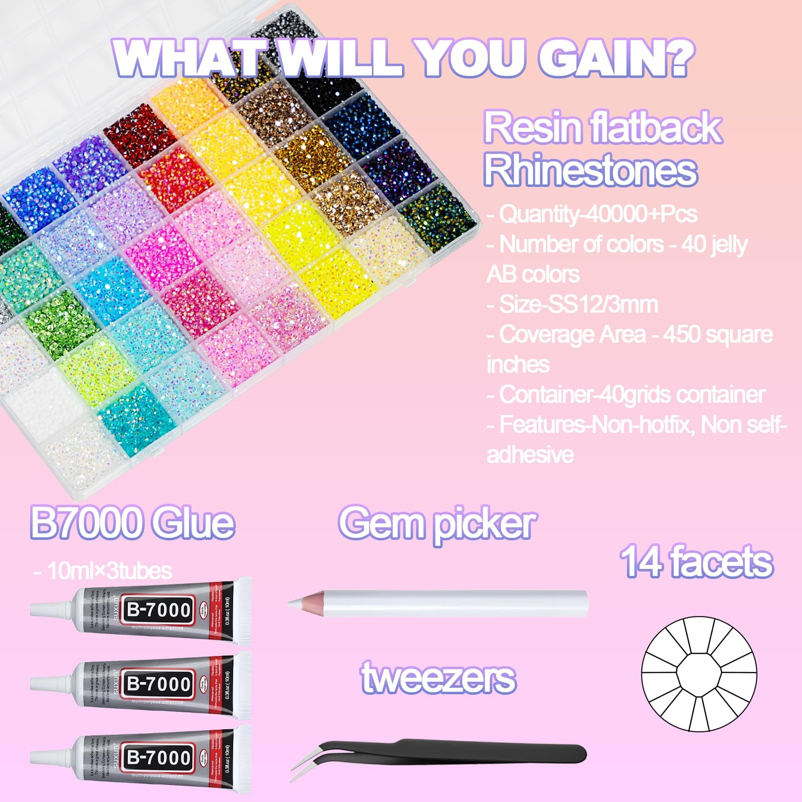40000+Pcs Resin Jelly Rhinestones for Bedazzling Kit, 3mm Multicolor Flat Bac…