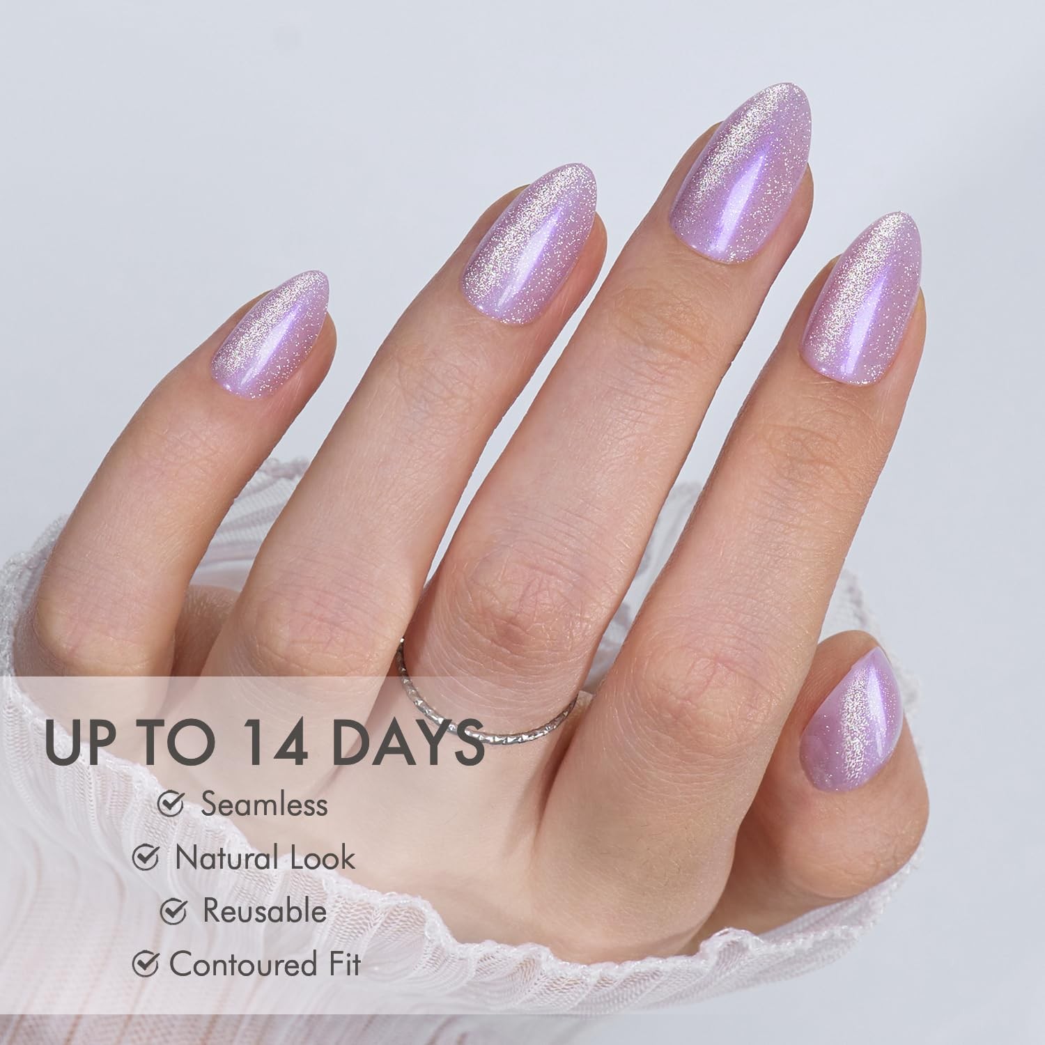 Press on Nails Short Almond – Purple Cat Eye Glitter Nails Kit, Reusable Gel …