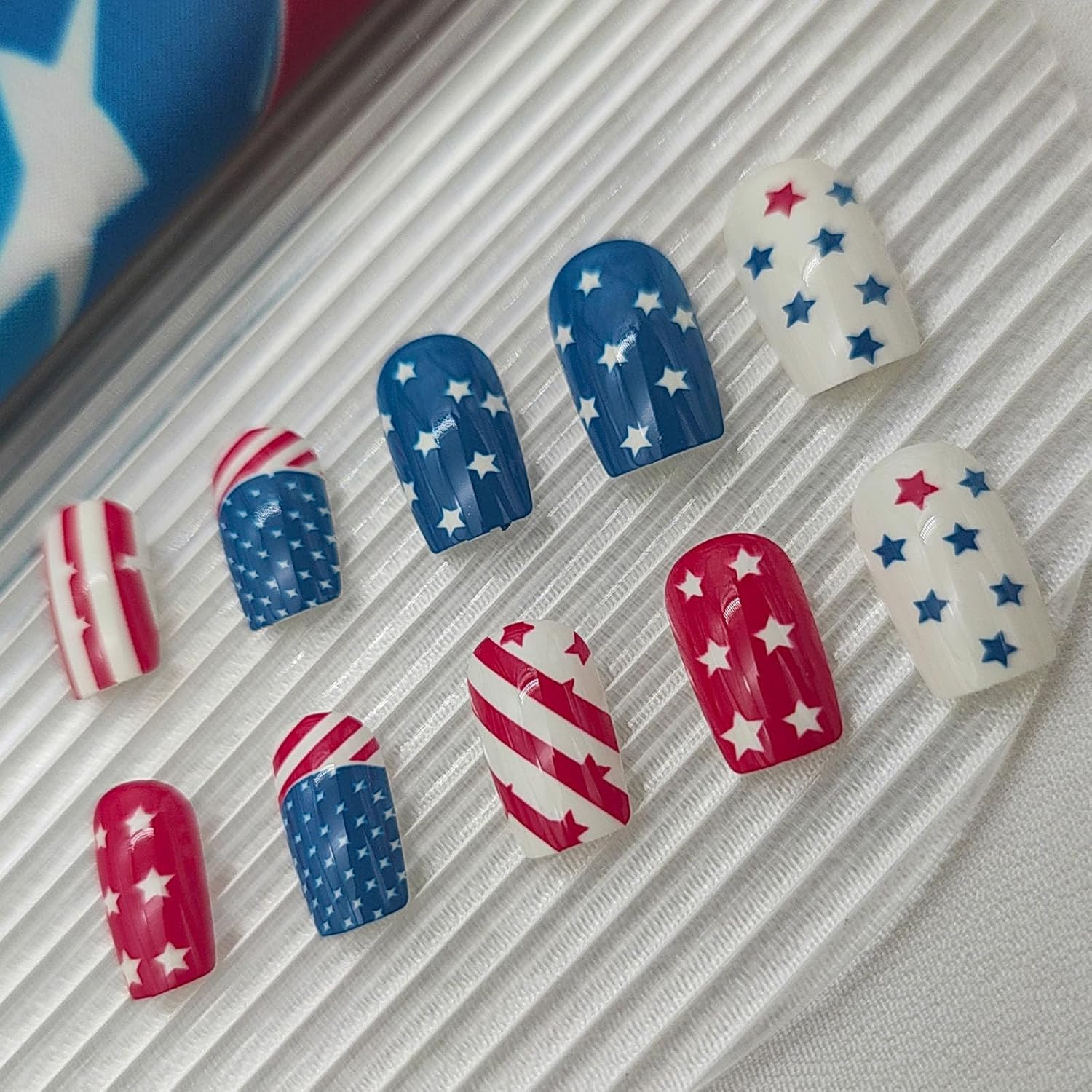 4Th of July Press on Nails Medium Square Fake Nails with Stars American Flag Des