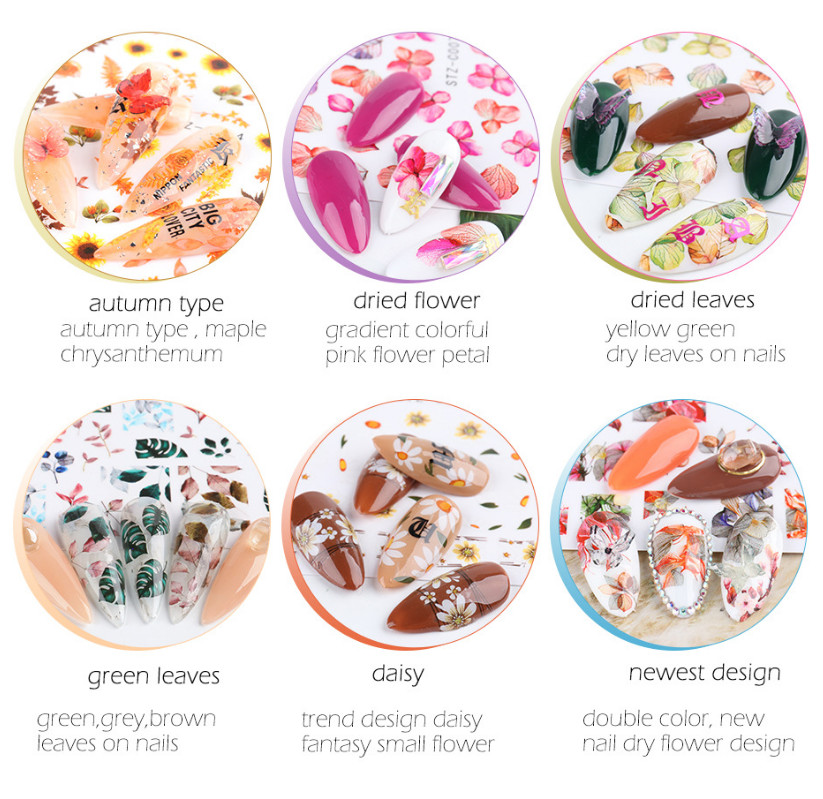3D Nail Stickers Watercolor Dried Flowers Maple Leaf Rose Butterfly Bee NS37