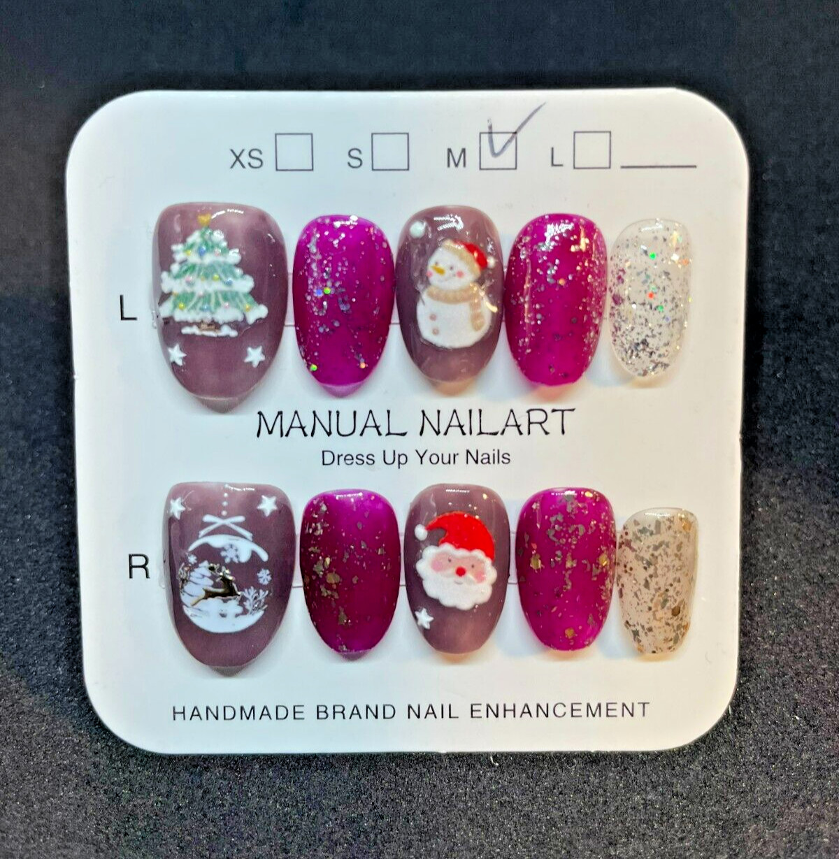 handmade Christmas Santa short almond Press On Nail, Festive Art Design, Size M