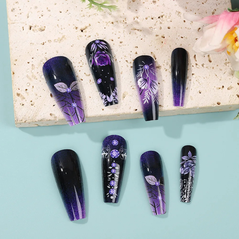 Purple Flower Printed Press On Nails 24Pcs Almond Coffin DIY Manicure Acrylic