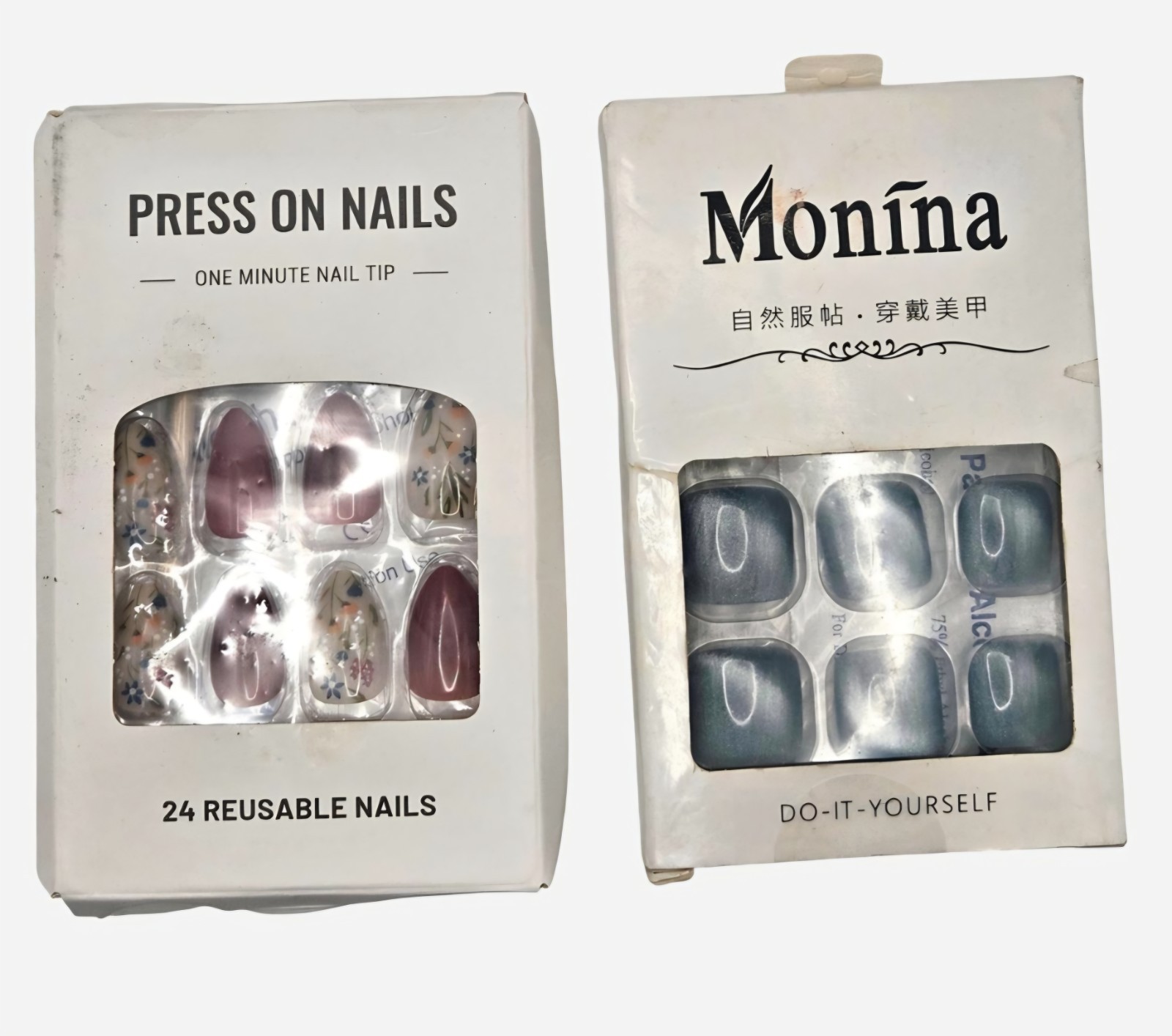 Monina Press-On Nails Floral Glossy Short Square Pre-Designed Reusable Set