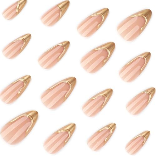 Medium Press on Nails Almond – Gold Fake Nails with 3D Design – Gold French