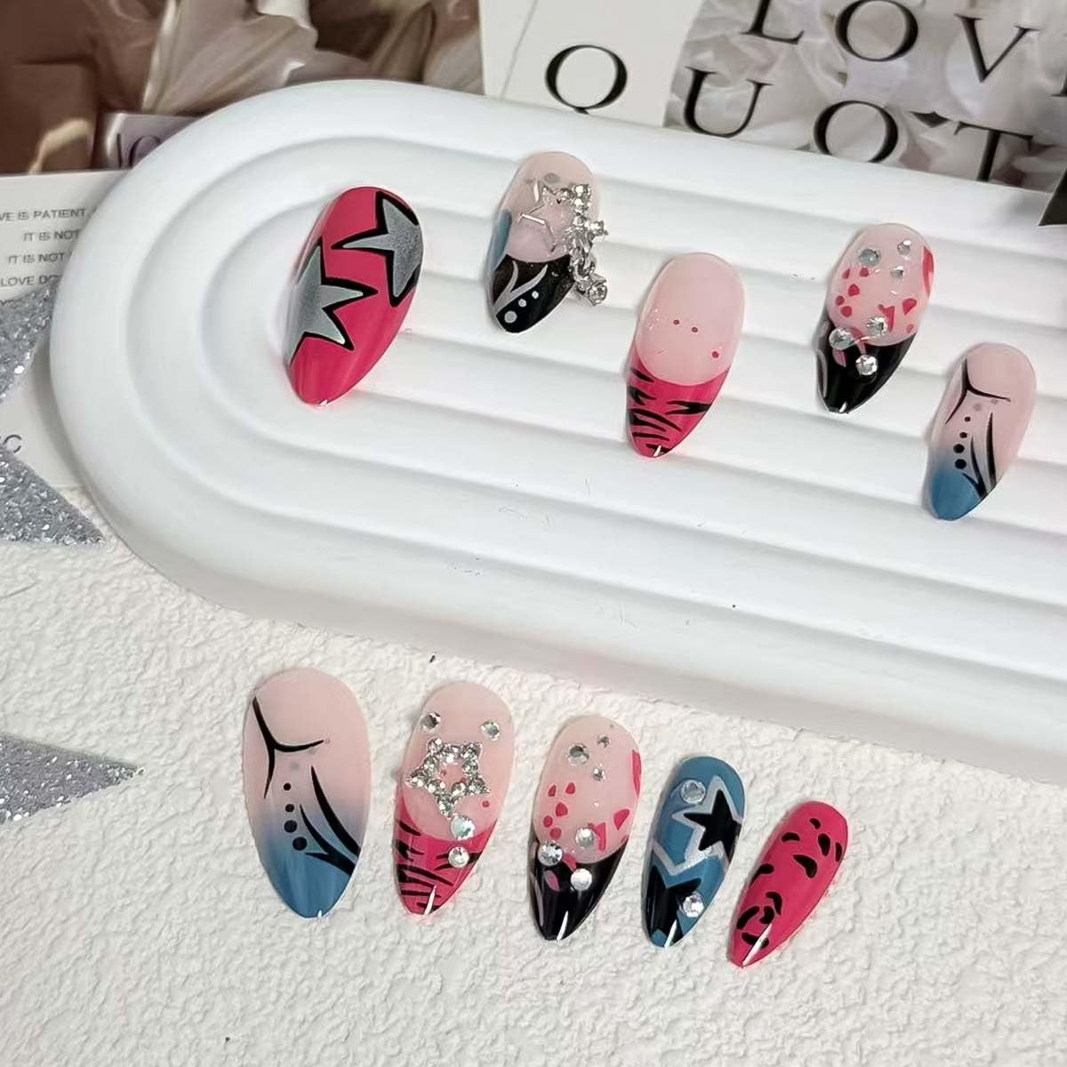French Tip Press On Nails – Y2K Star Medium Almond Fake Nails with Silver Rhi…