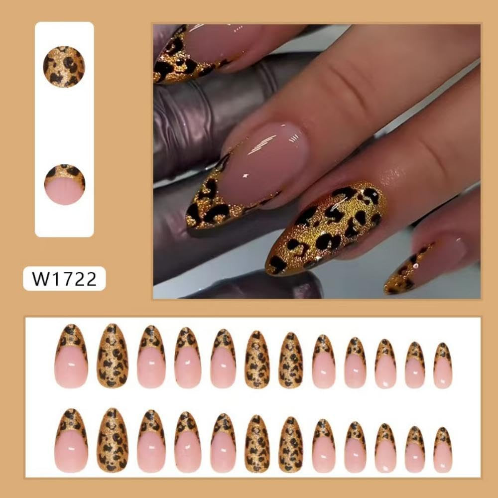 Leopard Press on Nails Gold Glitter Fake 24 Fl Oz (Pack of 1), Style07