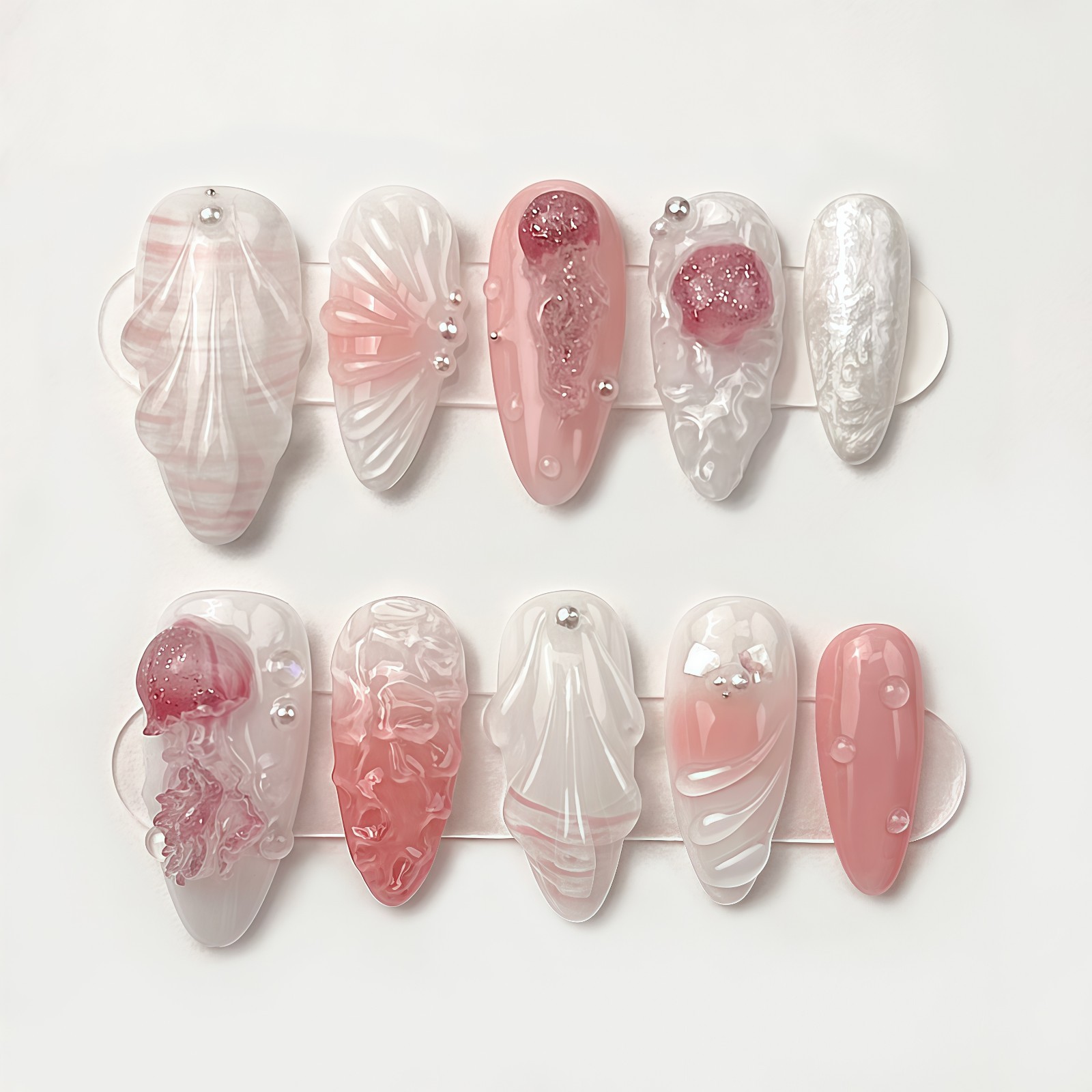 Seashell Jellyfish Mermaid Press On Nails, Pink 3D Pearl Handmade Textured Nails