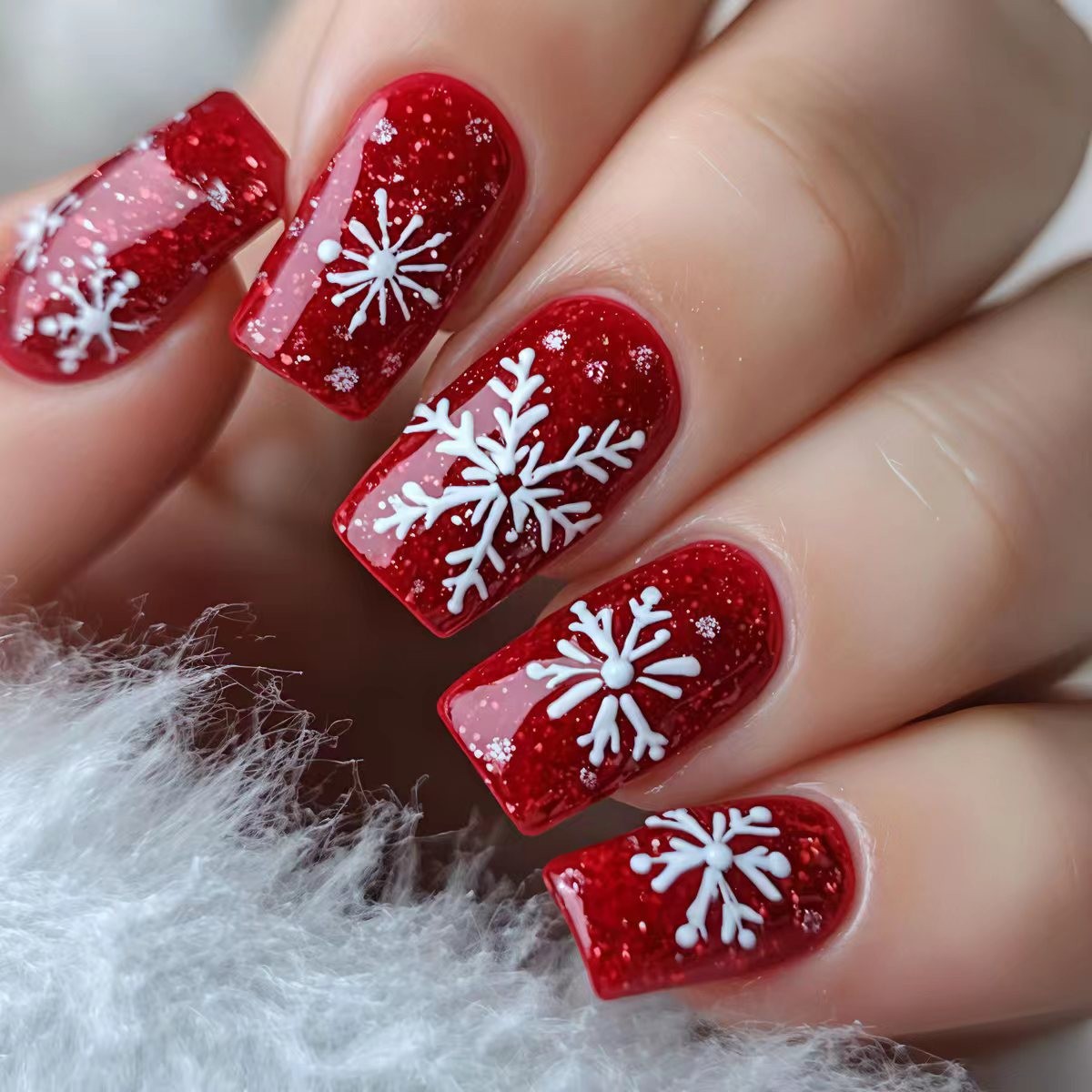 48PCS Red Glitter White Snowflake Press-On Nails Christmas Festive Fake Nails