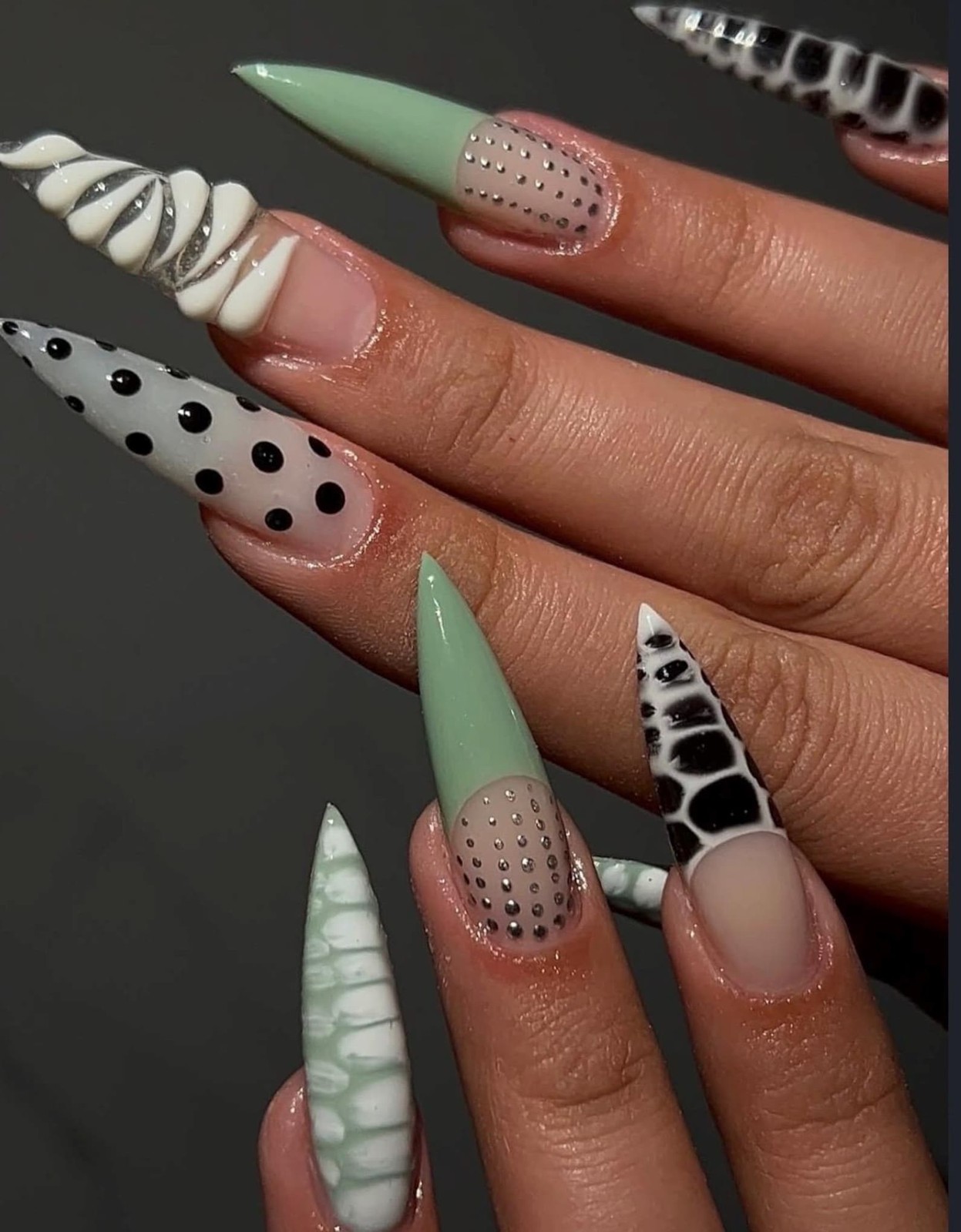 Handmade Sage Green Black Cow Print Dot Rhinestone Long Stiletto Press On Nails